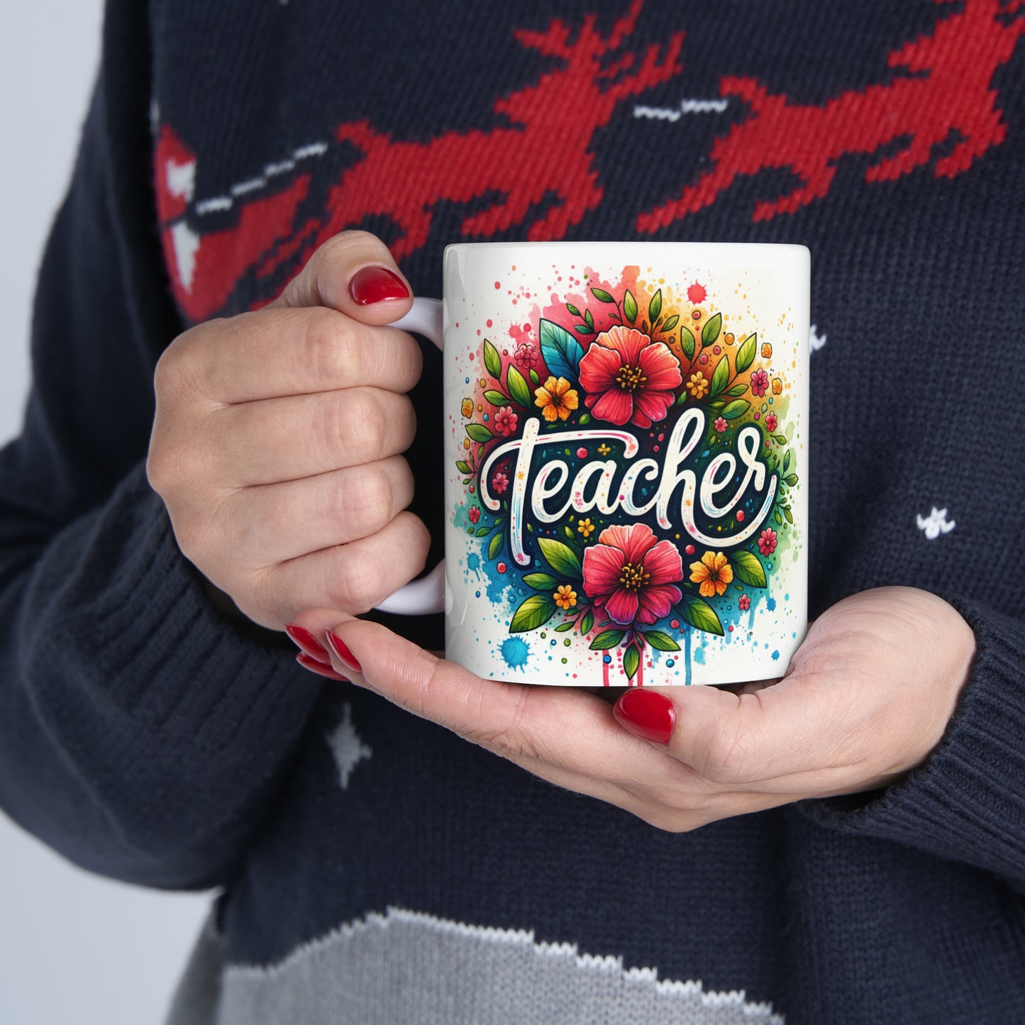 Teacher Coffee Mug, Customized Ceramic Mug 11oz, Floral Gifts For Coffee Lovers, School Gift For Teachers
