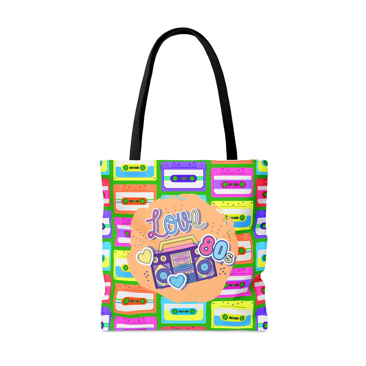 80s Style Pop Icon Retro Tote Bag - Cassette Tapes Pattern in Neon Colors Design For Women