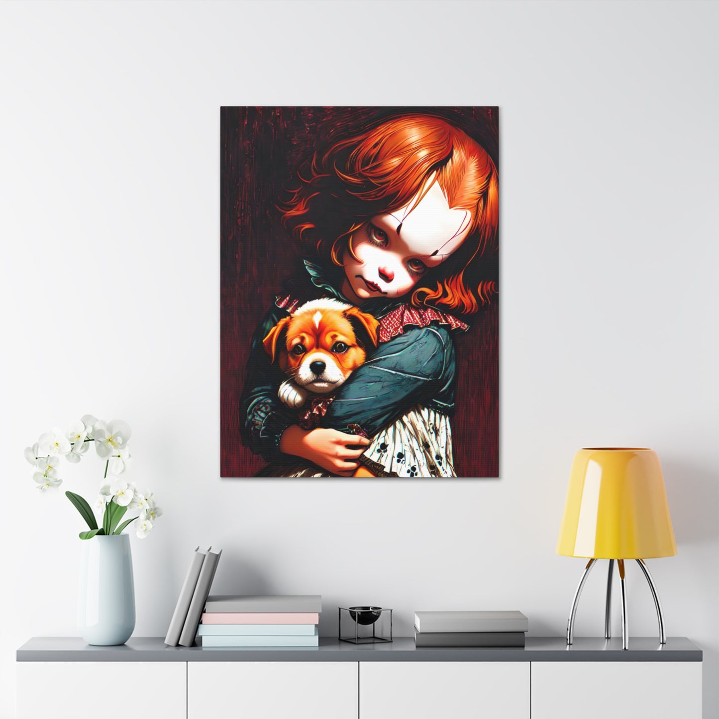 Creepy Clown Girl Holding A Dog Canvas Gallery Wrap 30x40 Wall Hang Colorful Print
