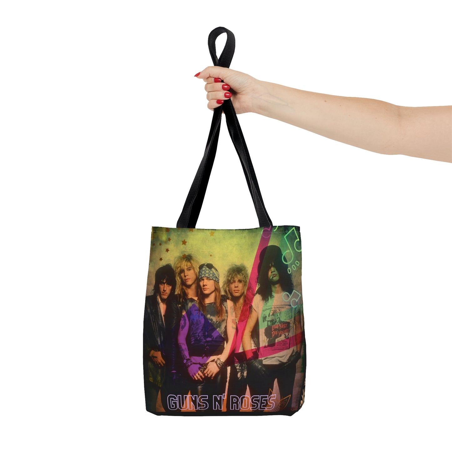 80s Rock Band Tote Bag - Beige Roses in Black Design For Women