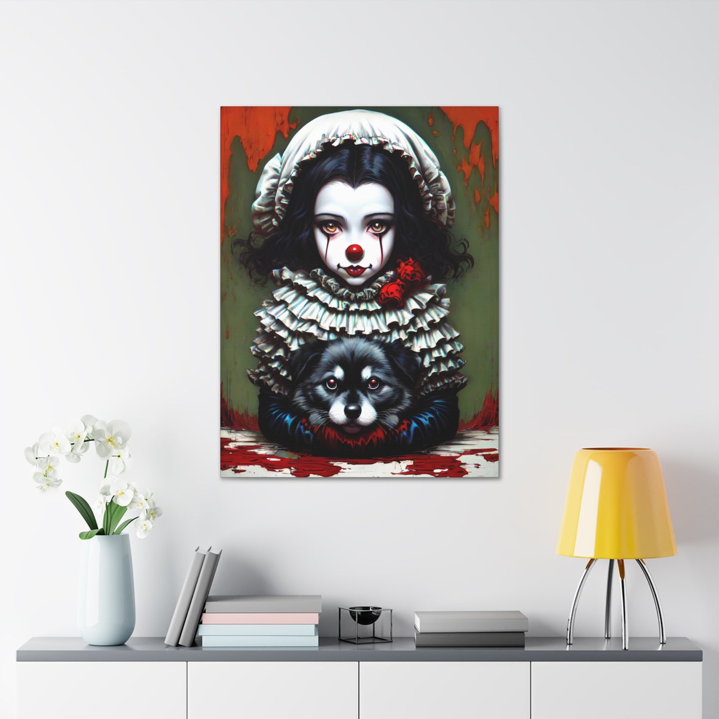 Sad Clown Girl Holding A Dog Canvas Gallery Wrap 30x40 Wall Hang Colorful Print