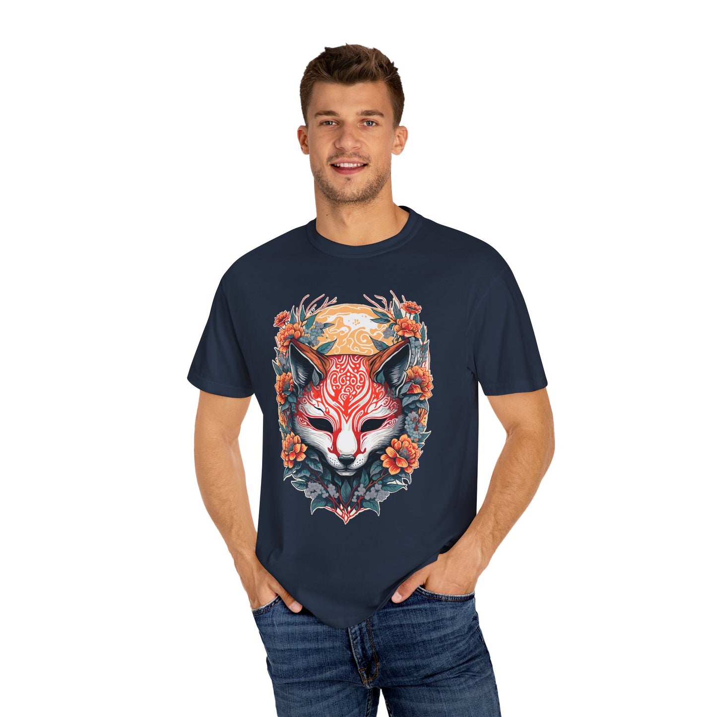 Japanese Kitsune Mask Comfort Colors Tshirt | Mens T-Shirt Graphic Tees Men Shirt Casual | Comfy Loose Fit Summer Clothes | Cotton Street Wear Clothing College Fashion