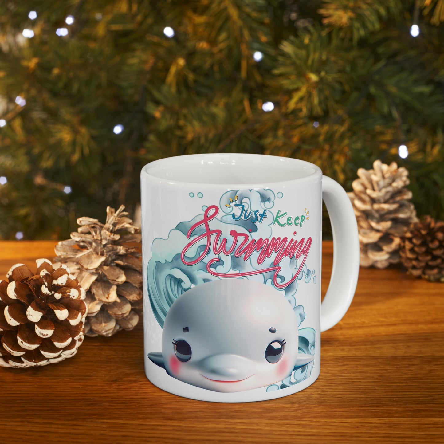 Whale Coffee Mug | Motivational Ceramic Mug 11oz | Beach Gift For Ocean Lovers | Inspirational Gifts For Teens | Just Keep Swimming