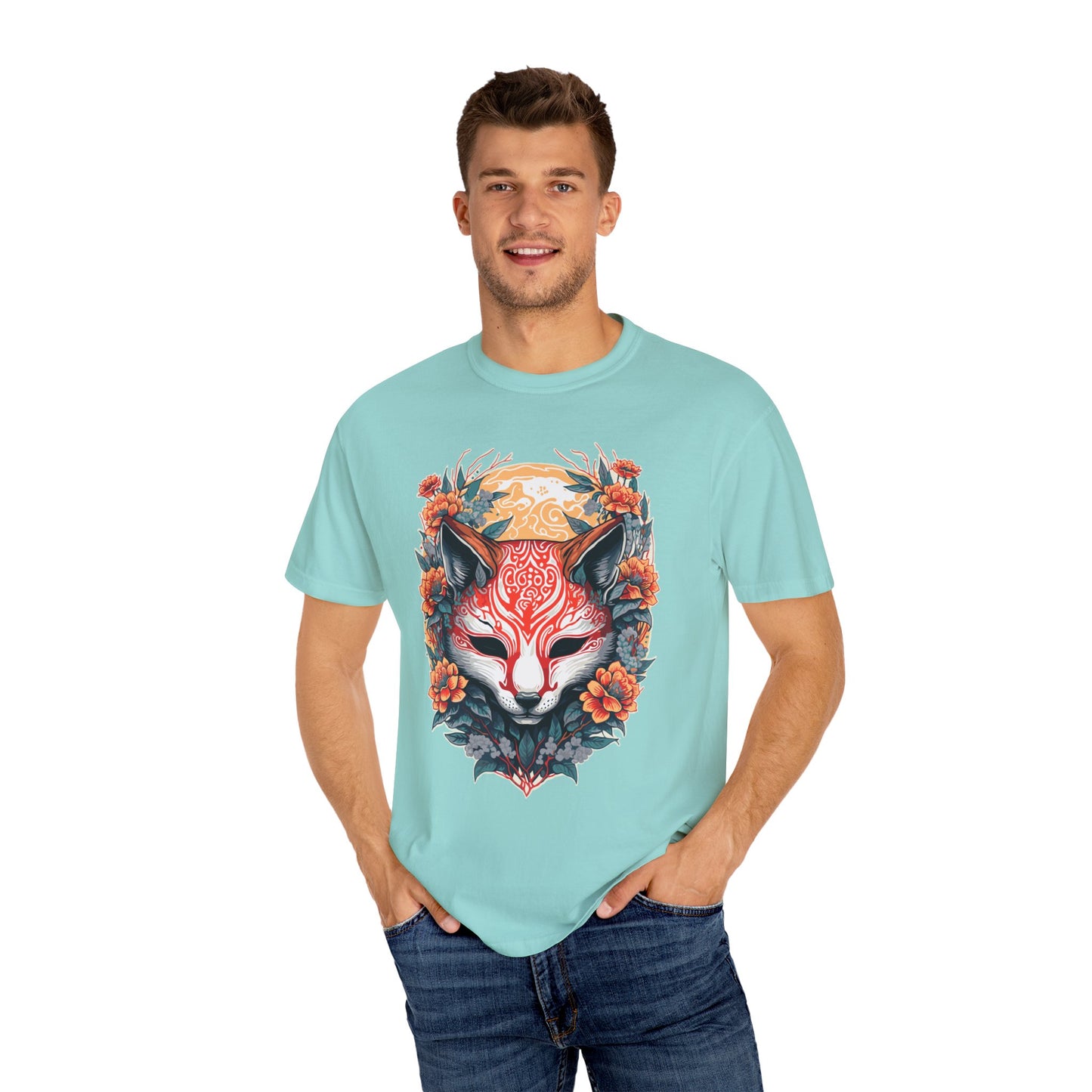 Japanese Kitsune Mask Comfort Colors Tshirt | Mens T-Shirt Graphic Tees Men Shirt Casual | Comfy Loose Fit Summer Clothes | Cotton Street Wear Clothing College Fashion