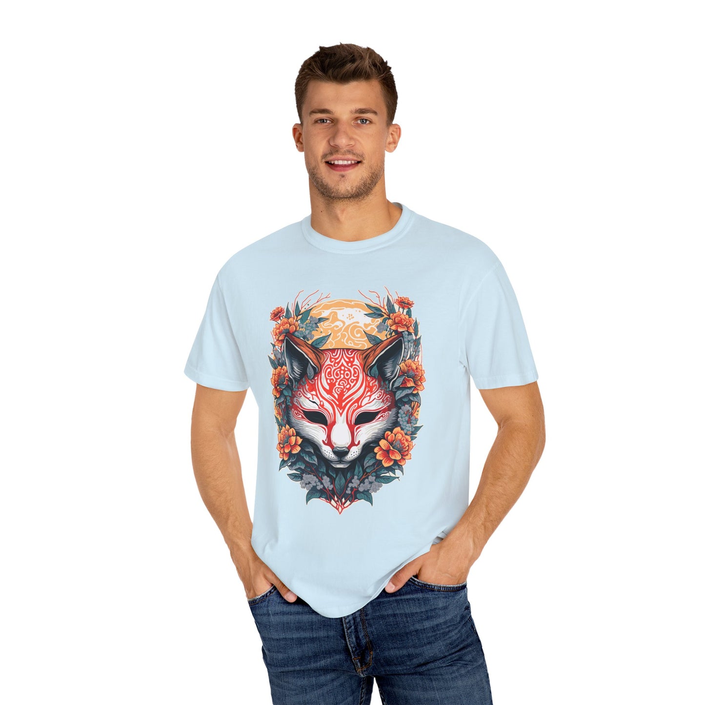 Japanese Kitsune Mask Comfort Colors Tshirt | Mens T-Shirt Graphic Tees Men Shirt Casual | Comfy Loose Fit Summer Clothes | Cotton Street Wear Clothing College Fashion