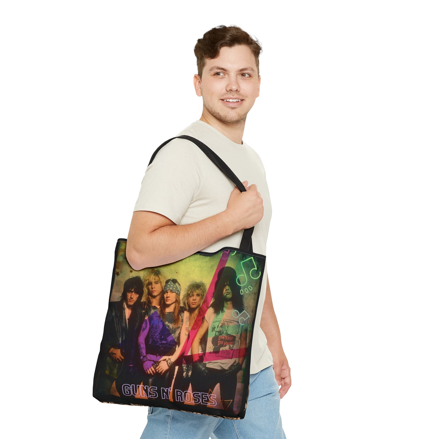 80s Rock Band Tote Bag - Beige Roses in Black Design For Women
