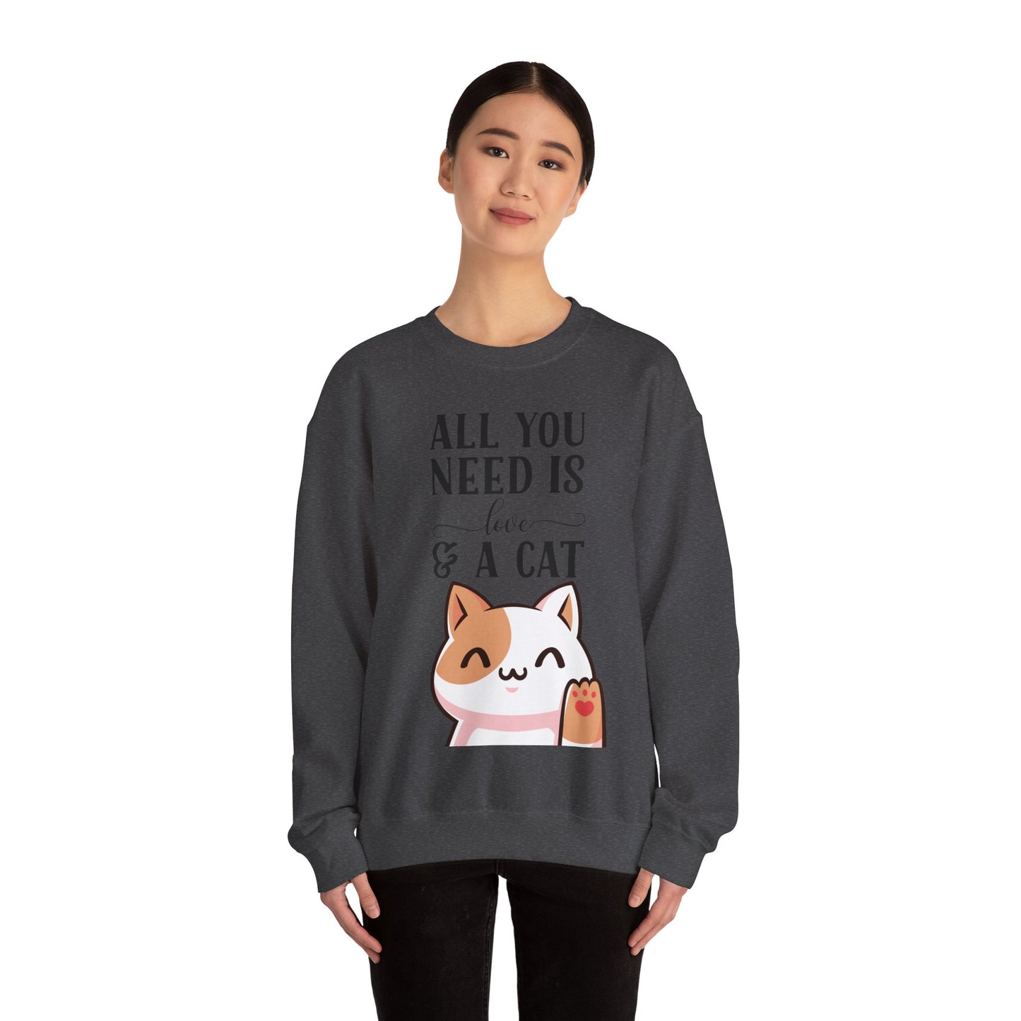 Cat Sweatshirt Cute Graphic Pullover Sweater | Feline Gifts For Cat Lovers - All You Need Is Love And Cat