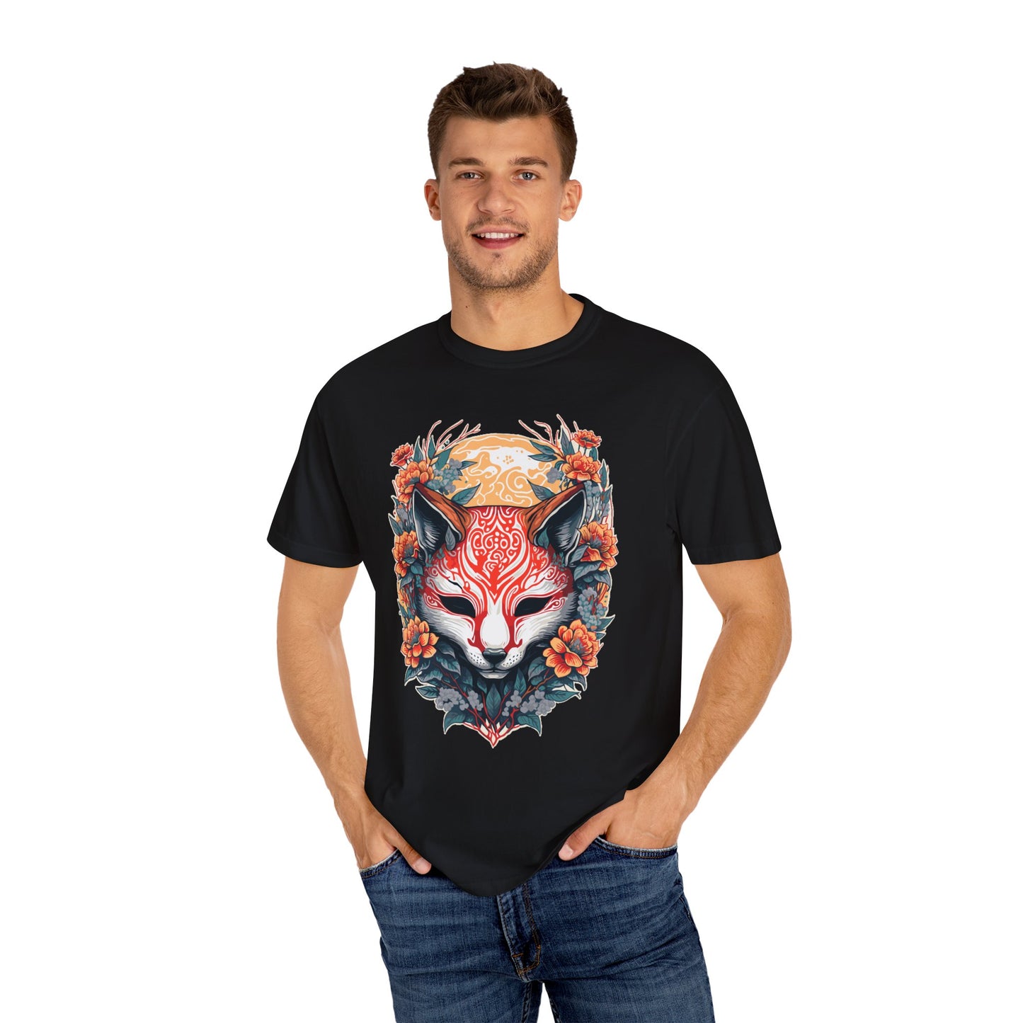Japanese Kitsune Mask Comfort Colors Tshirt | Mens T-Shirt Graphic Tees Men Shirt Casual | Comfy Loose Fit Summer Clothes | Cotton Street Wear Clothing College Fashion