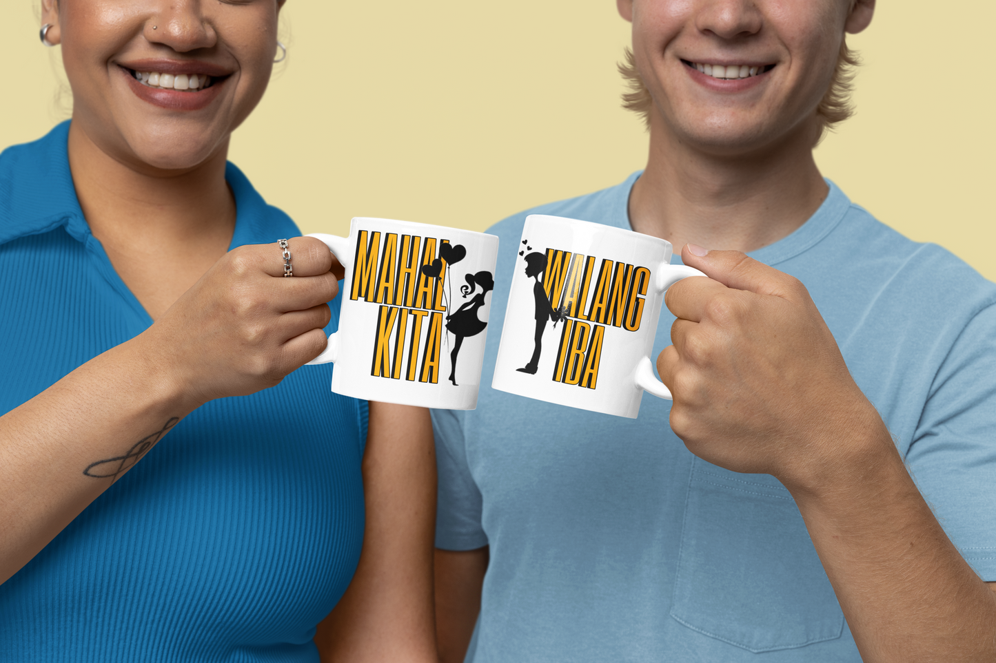 Couple Ceramic Mug 11oz With Handle Pack of 2, With Matching 2 Coffee Cooasters, Filipino Gift For Partners, His & Hers Handcrafted Pinoy Drinkware, Romantic Tagalog - Mahal Kita