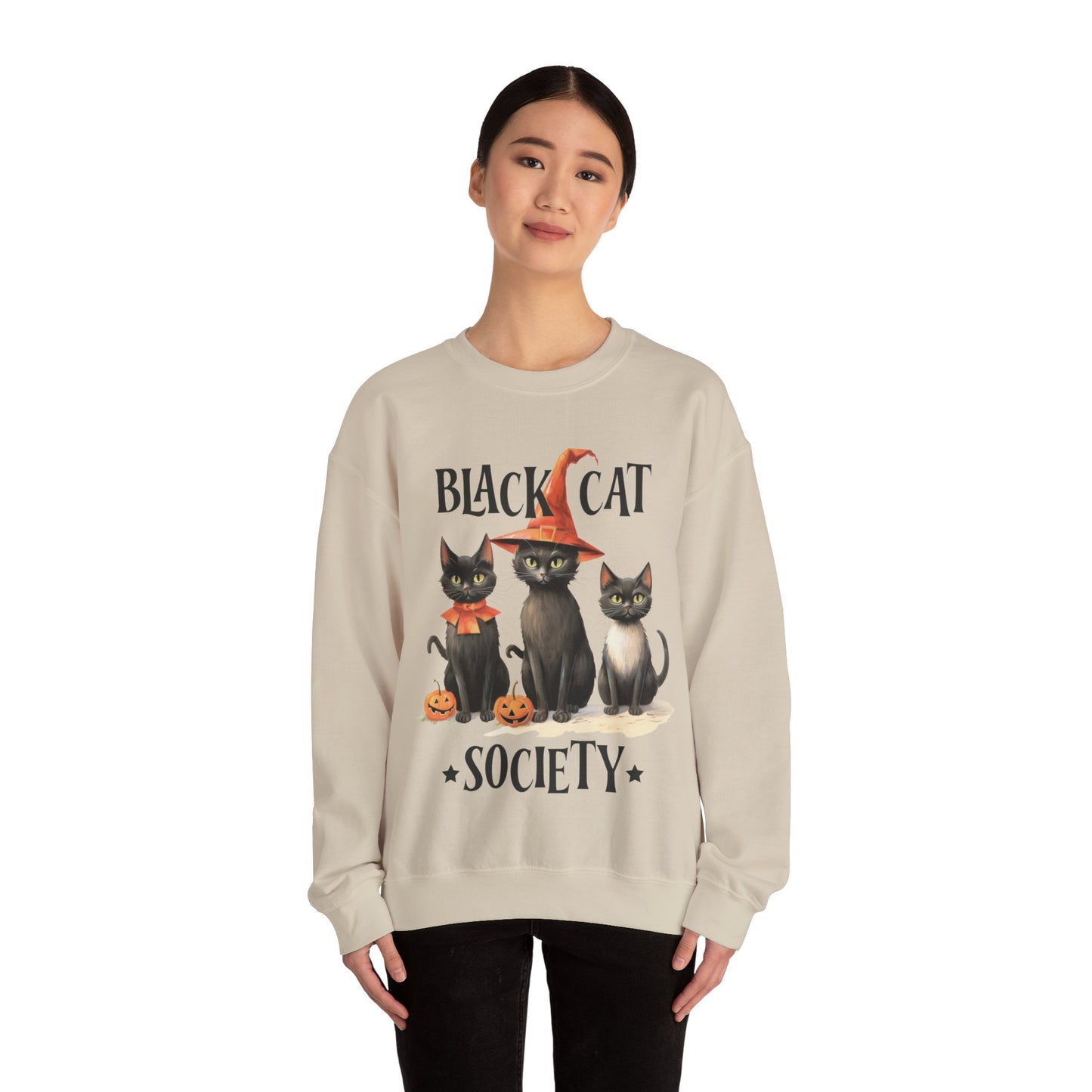 Cat Sweatshirt Halloween Graphic Pullover Sweater | Retro Gifts For Mom Cat Gift For Cat Lovers | Black Cat Society