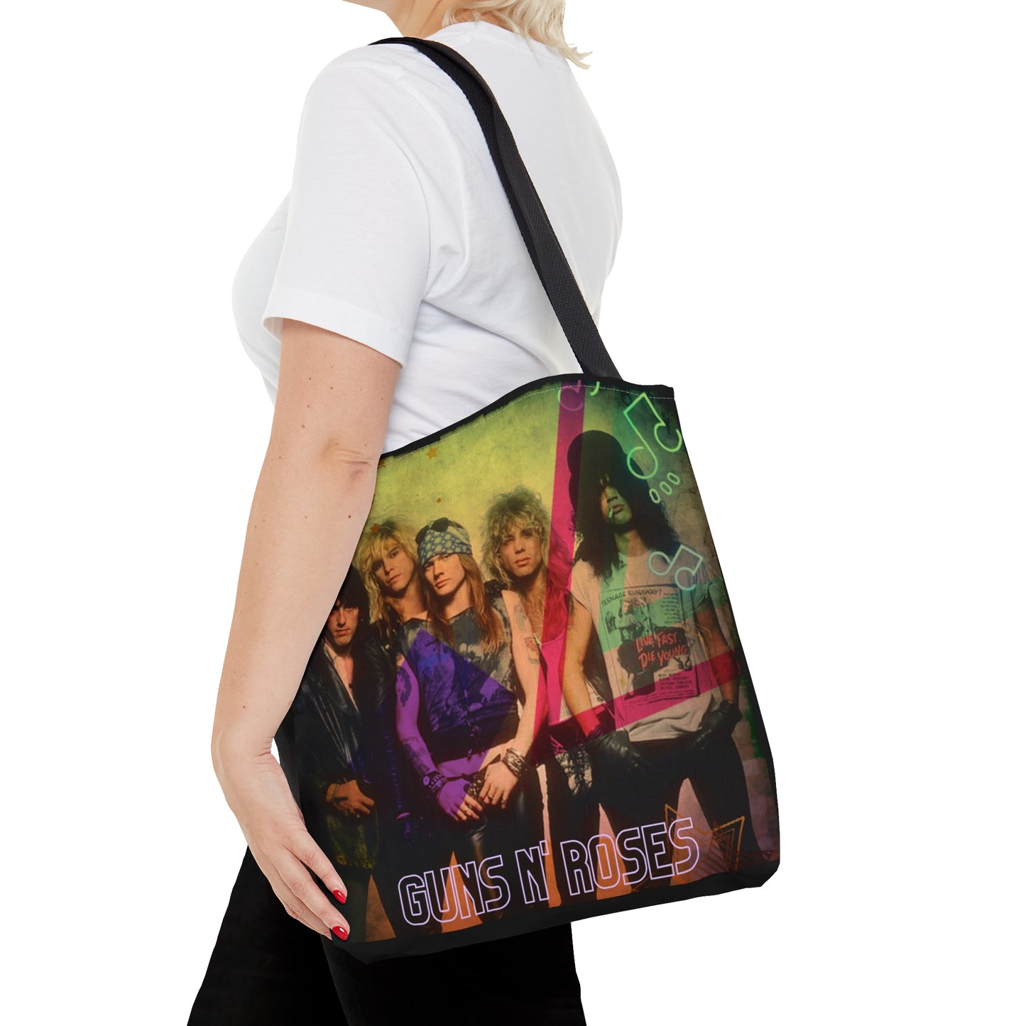 80s Rock Band Tote Bag - Beige Roses in Black Design For Women