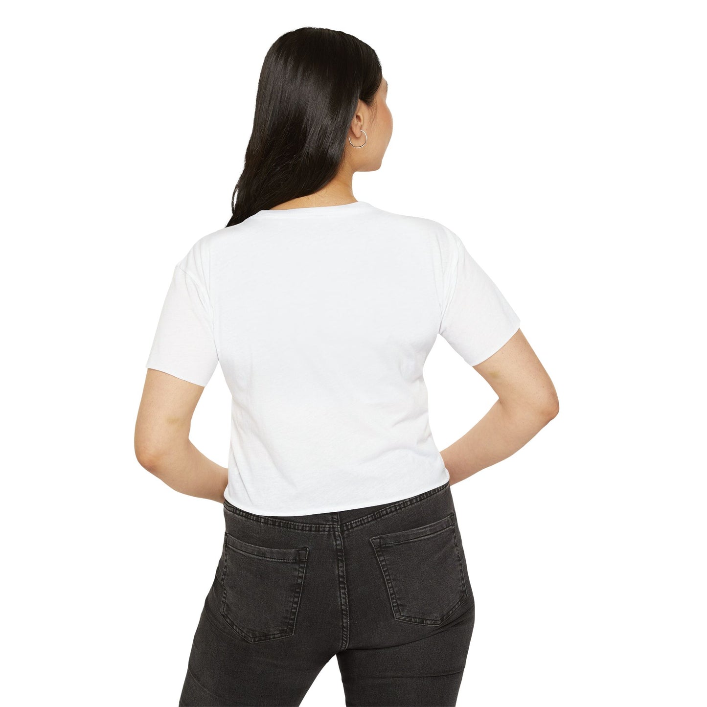 Back view of a woman wearing a white P-Pop Alamat crop top paired with black jeans, ideal for casual outings.