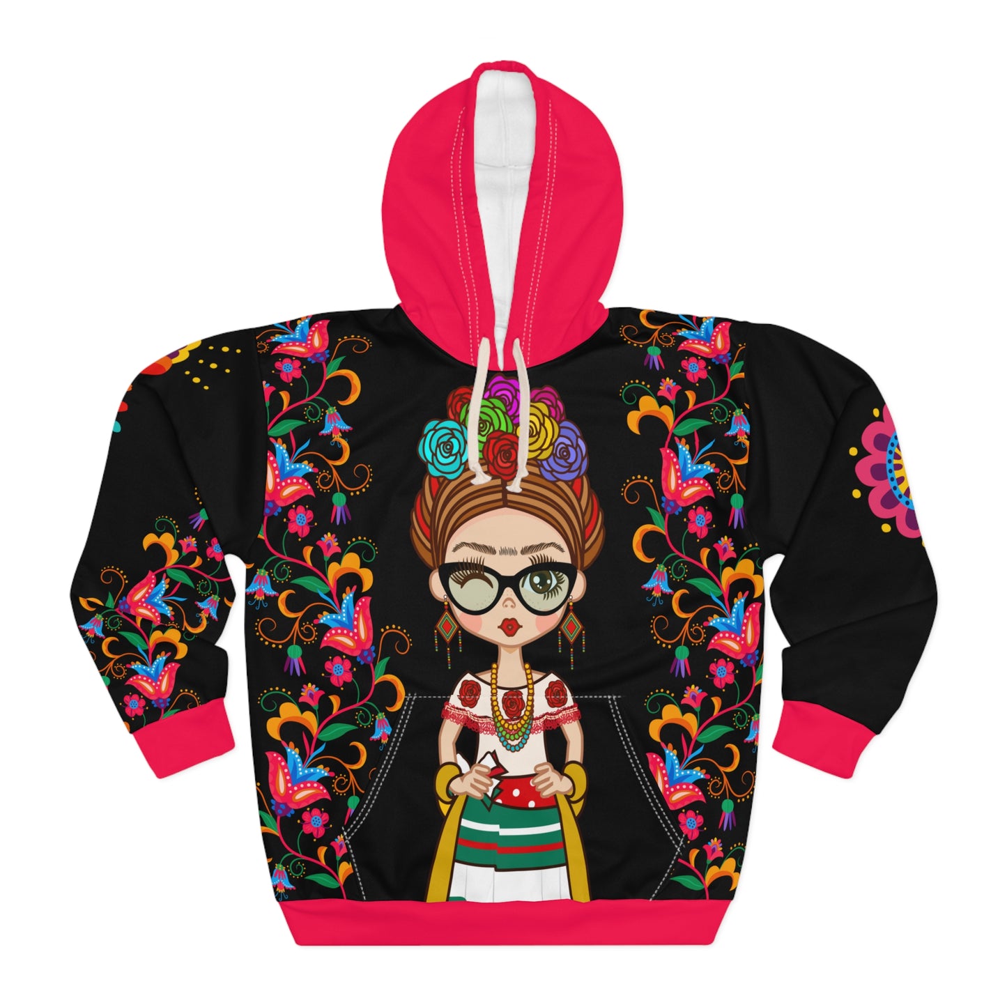 Frida Hoodie, Unisex Pullover Hoodie, Mexican All Over Print Hoodie, Aesthetic Gift For Her,Cute Hooded Sweatshirt