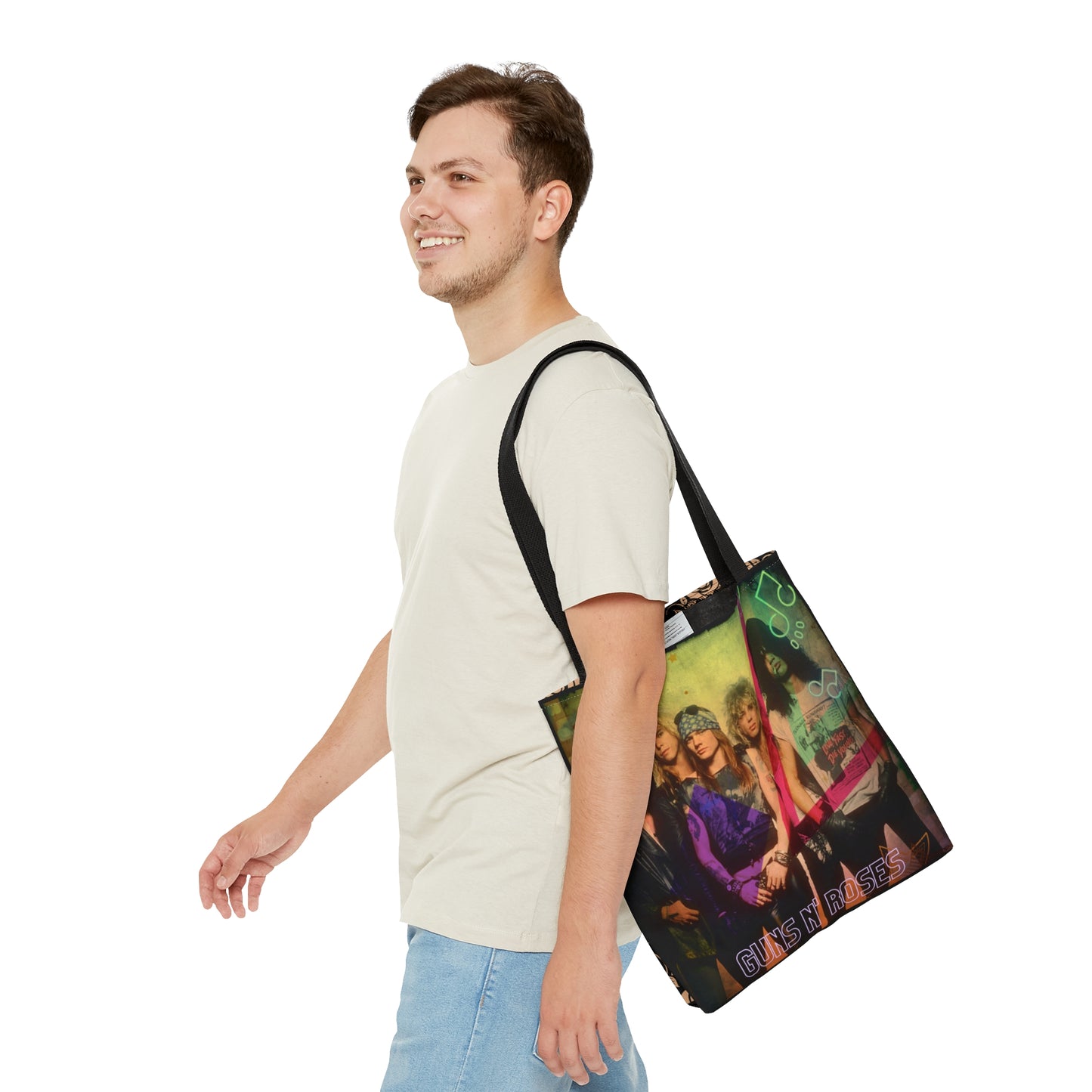 80s Rock Band Tote Bag - Beige Roses in Black Design For Women