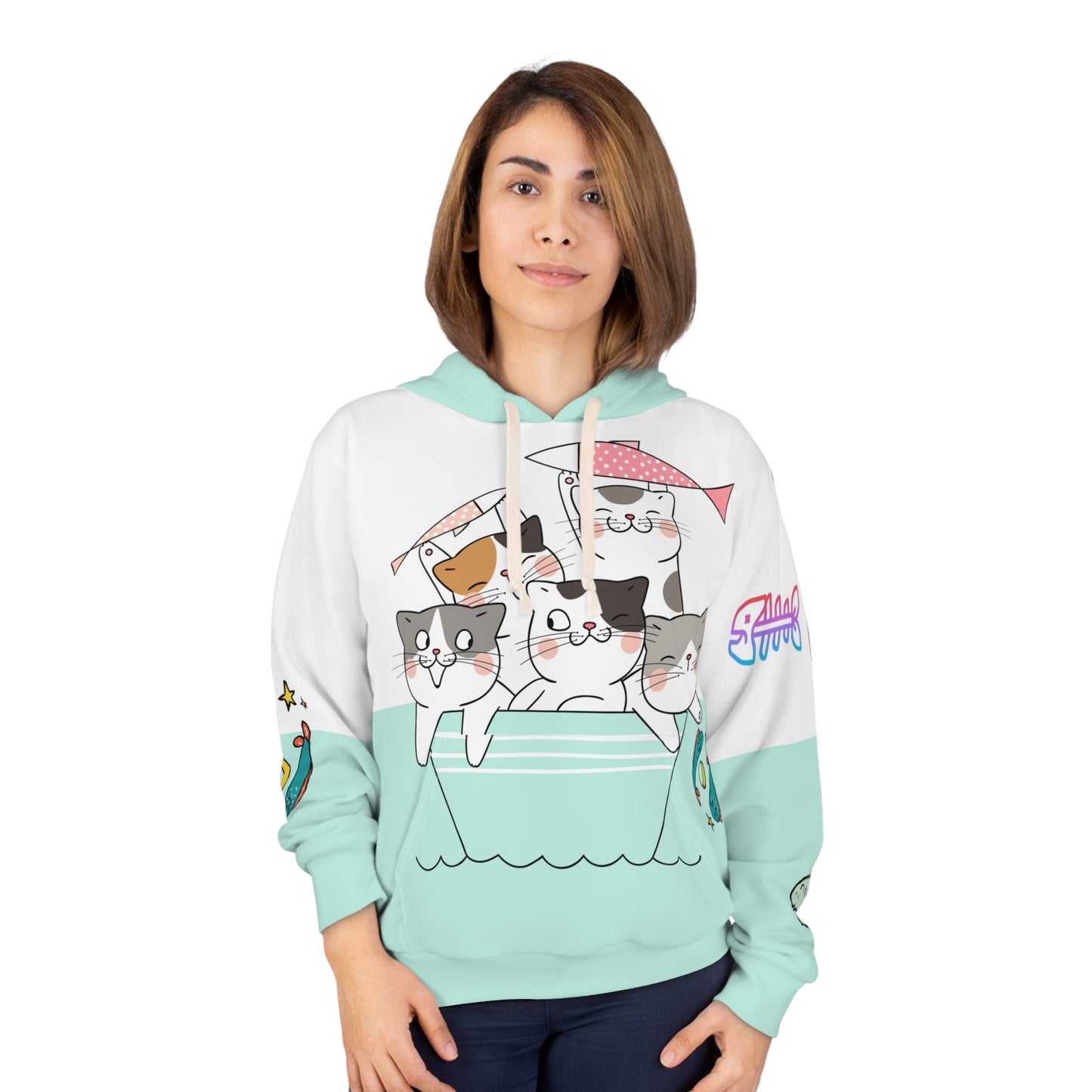Unisex Pullover Hoodie AOP / Cute Cats All Over Print Hooded Sweatshirt / Aesthetic Blue Pullover Winter Jacket