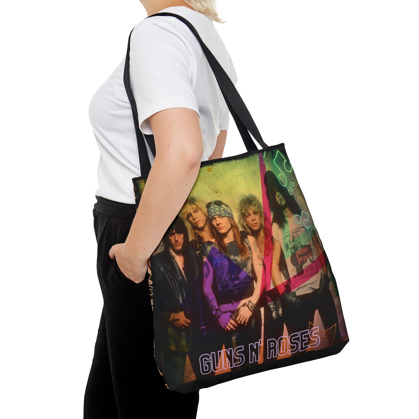80s Rock Band Tote Bag - Beige Roses in Black Design For Women