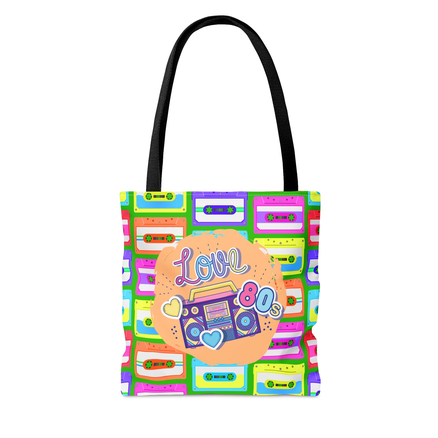 80s Style Pop Icon Retro Tote Bag - Cassette Tapes Pattern in Neon Colors Design For Women