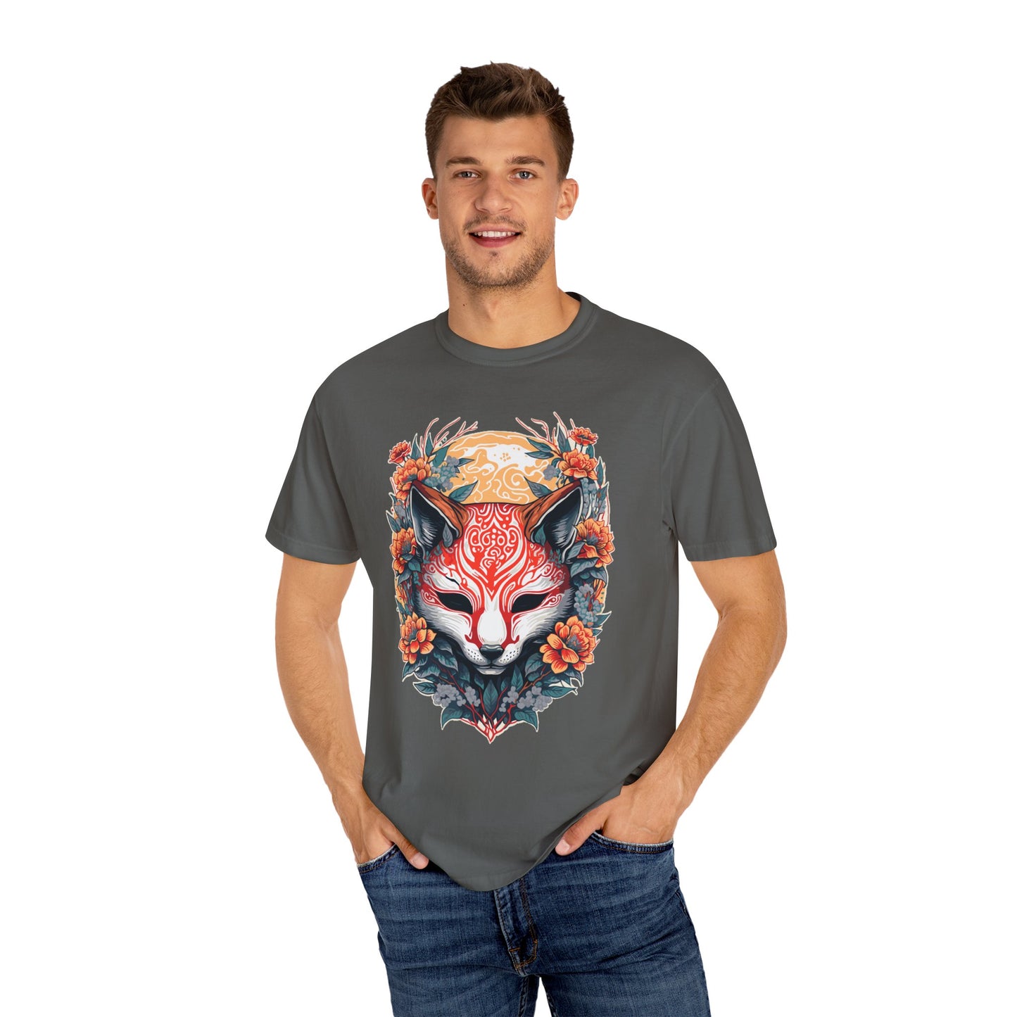 Japanese Kitsune Mask Comfort Colors Tshirt | Mens T-Shirt Graphic Tees Men Shirt Casual | Comfy Loose Fit Summer Clothes | Cotton Street Wear Clothing College Fashion