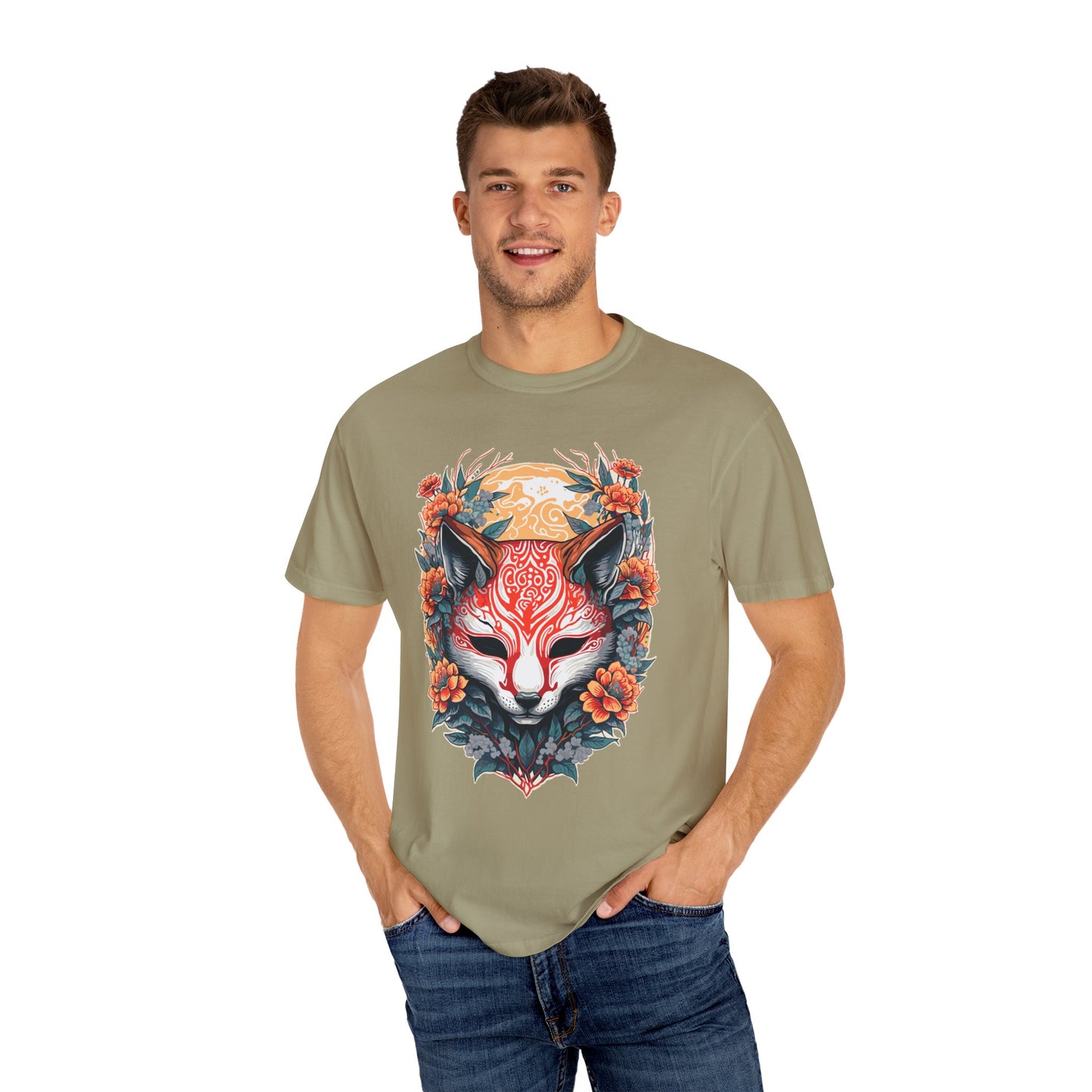 Japanese Kitsune Mask Comfort Colors Tshirt | Mens T-Shirt Graphic Tees Men Shirt Casual | Comfy Loose Fit Summer Clothes | Cotton Street Wear Clothing College Fashion