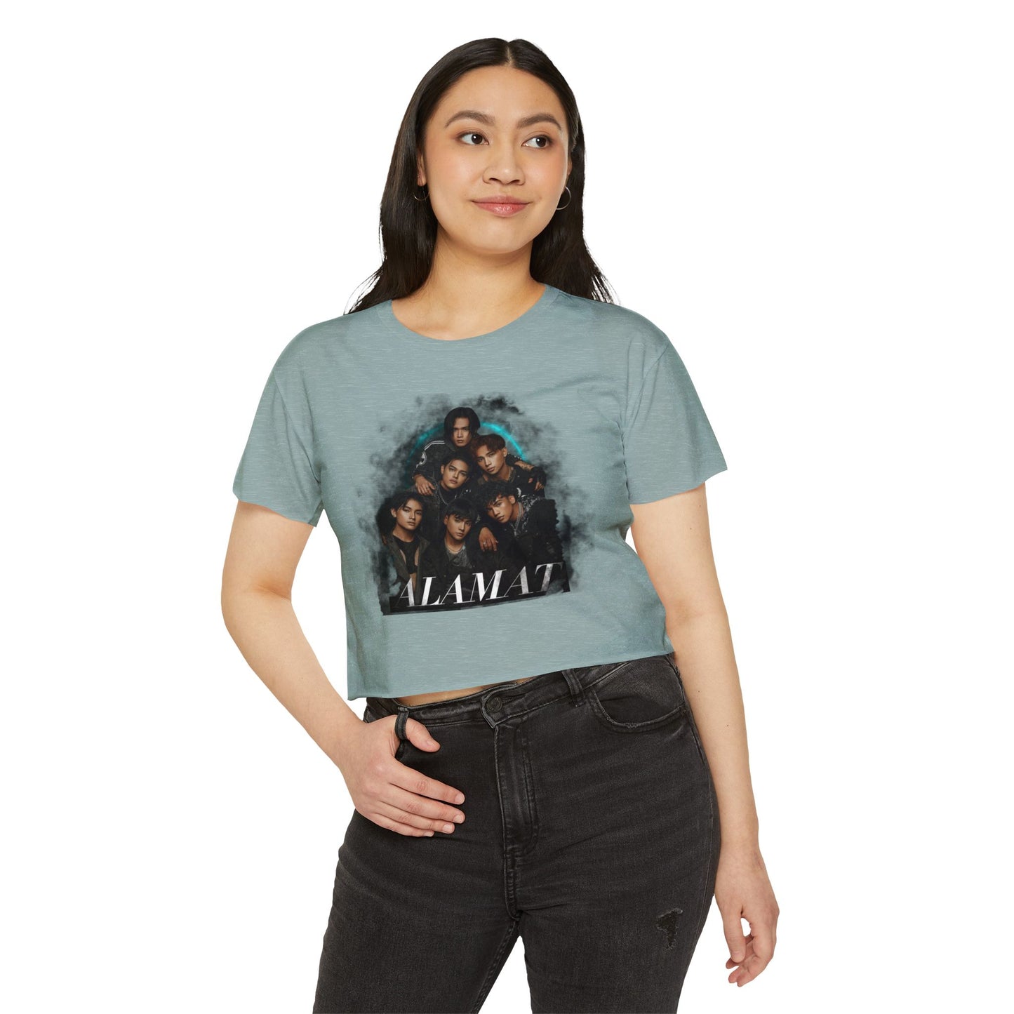 Woman wearing a P-Pop Alamat crop top, ideal for festivals and casual outings, featuring a vibrant design.