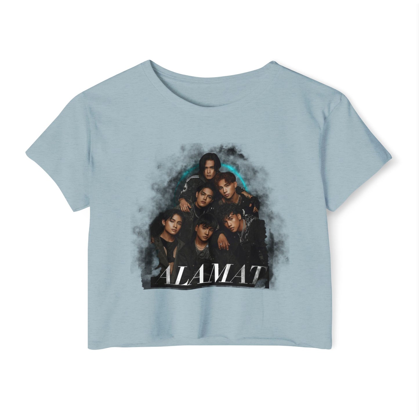 P-Pop Alamat crop top in light blue featuring vibrant graphic design, perfect for festivals and casual wear.