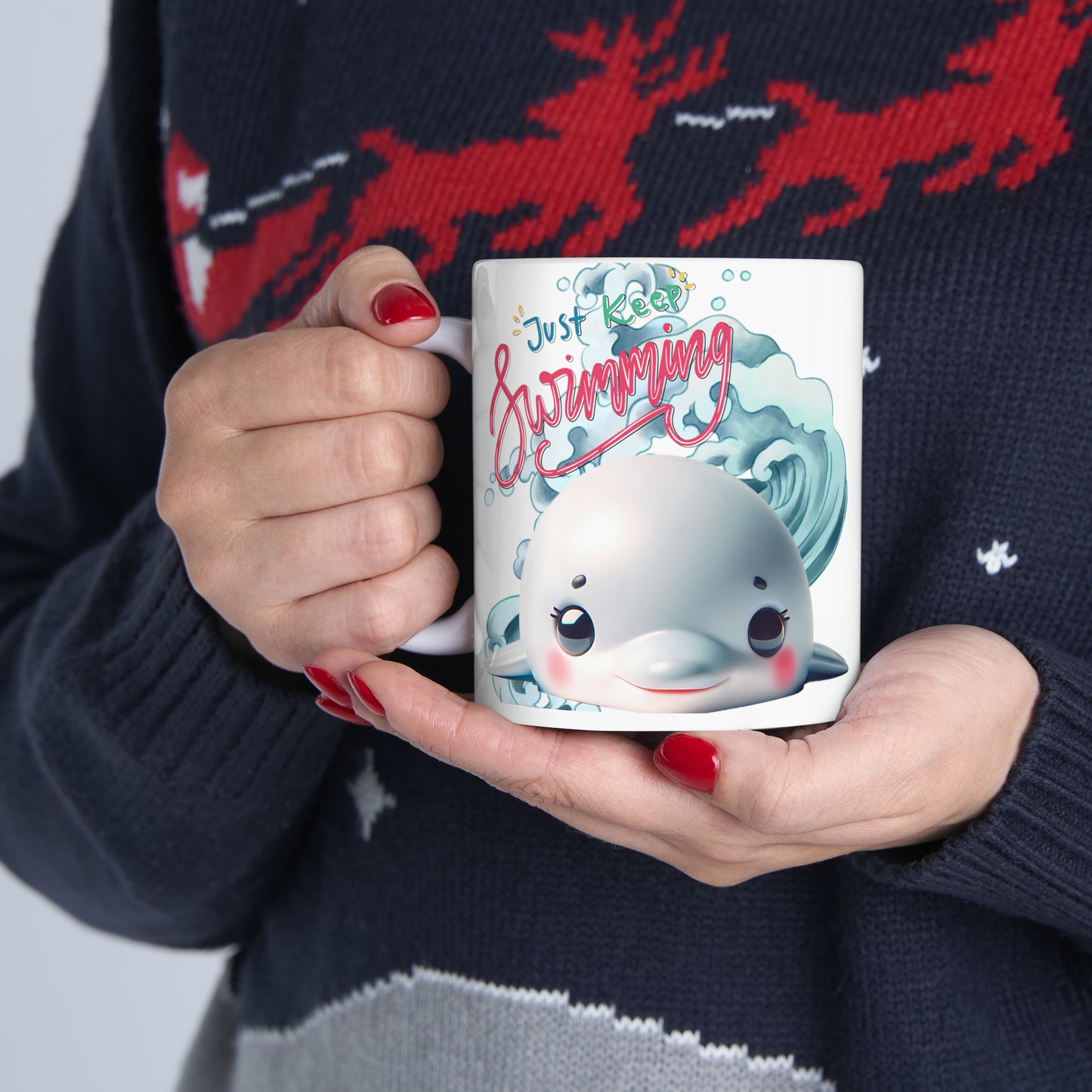 Whale Coffee Mug | Motivational Ceramic Mug 11oz | Beach Gift For Ocean Lovers | Inspirational Gifts For Teens | Just Keep Swimming
