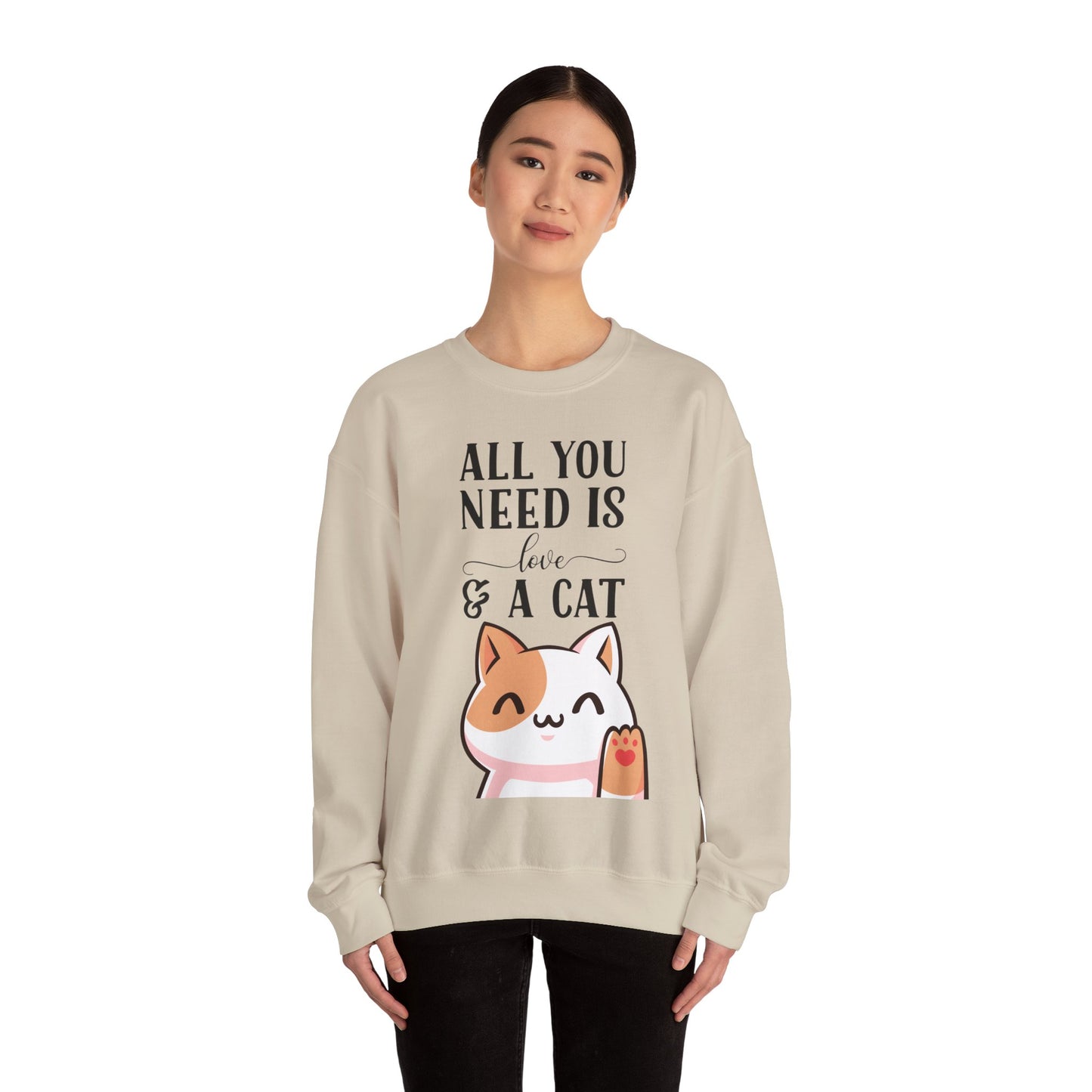 Cat Sweatshirt Cute Graphic Pullover Sweater | Feline Gifts For Cat Lovers - All You Need Is Love And Cat