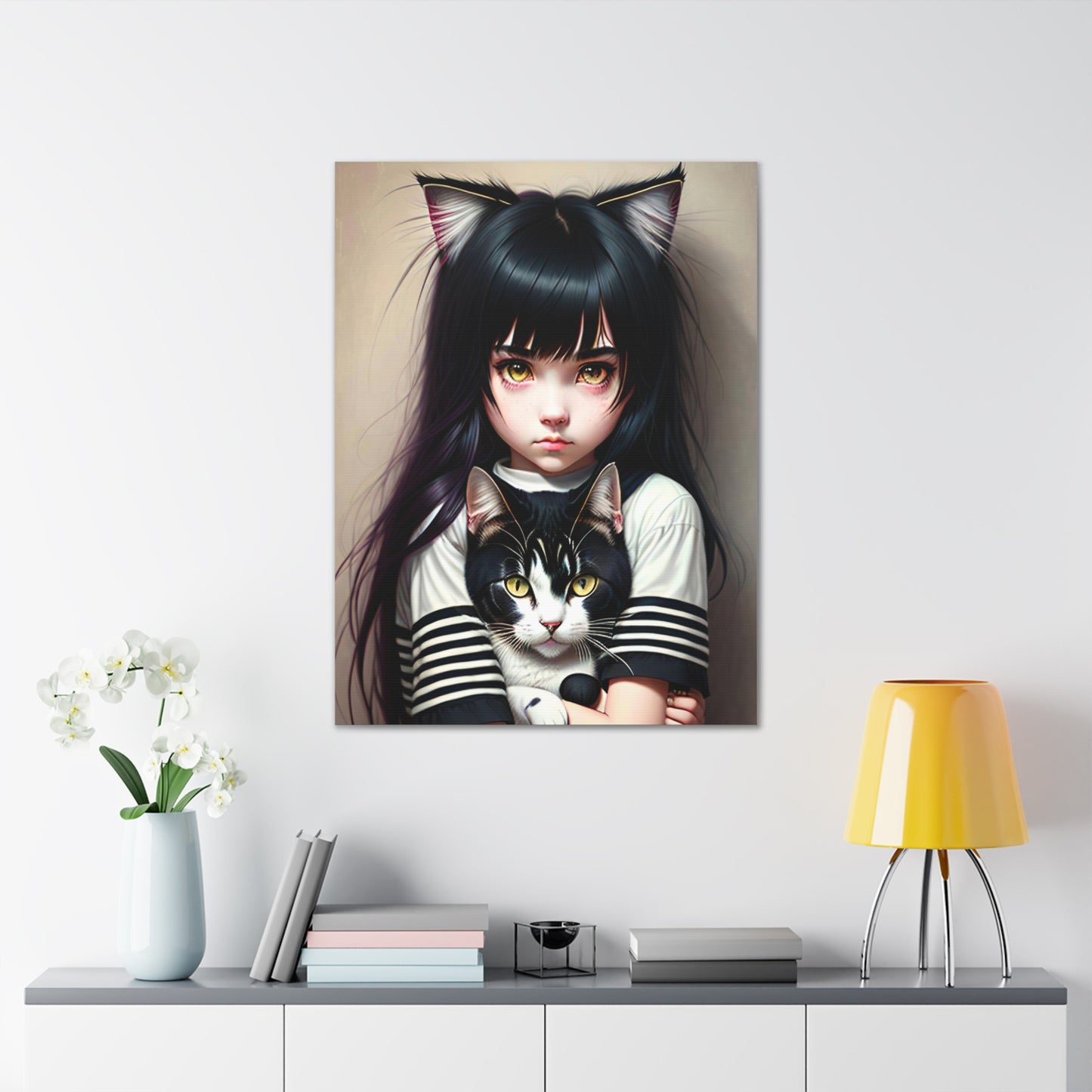 Black Cat Art Canvas Gallery Wrap 30x40 Wall Art Girl Portrait