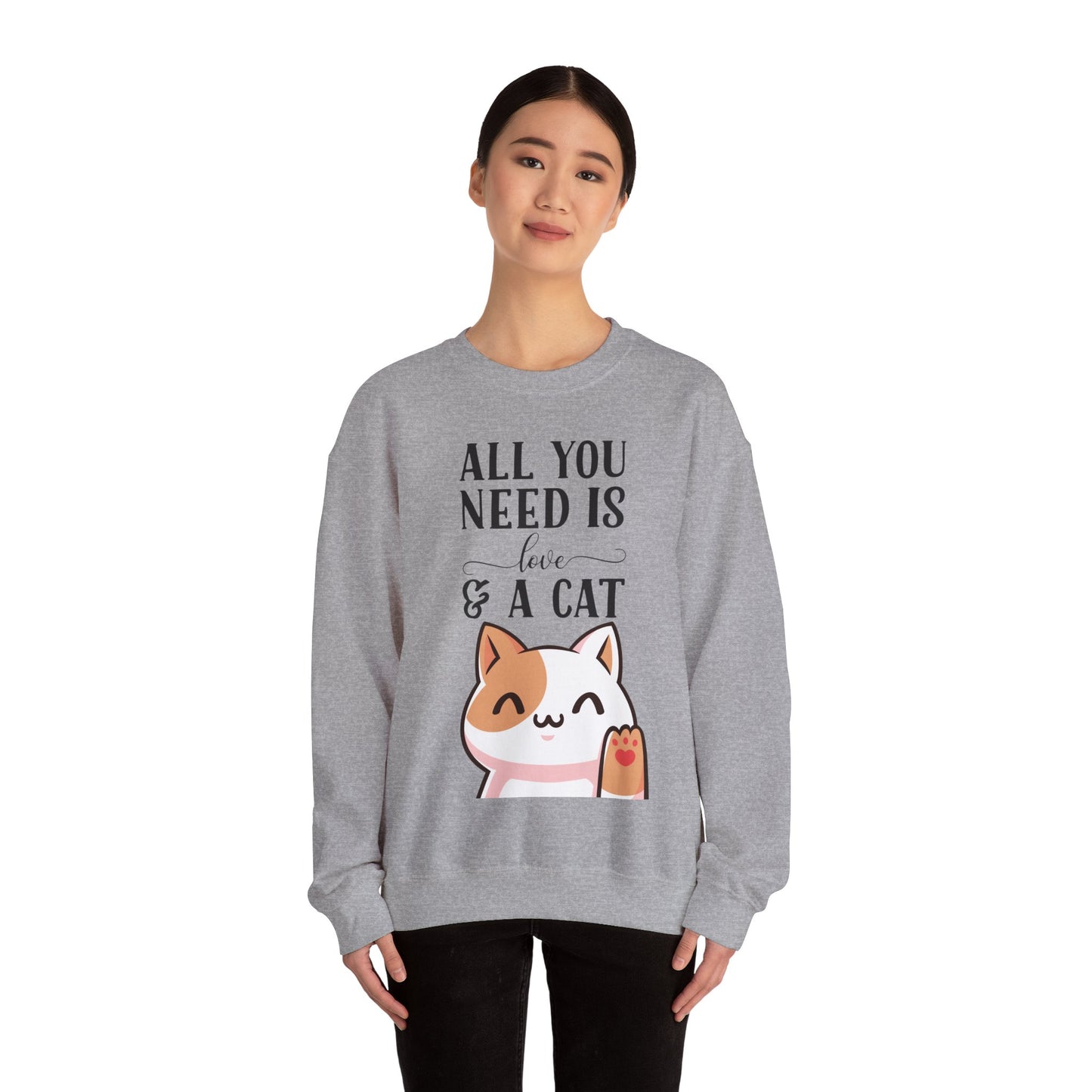 Cat Sweatshirt Cute Graphic Pullover Sweater | Feline Gifts For Cat Lovers - All You Need Is Love And Cat