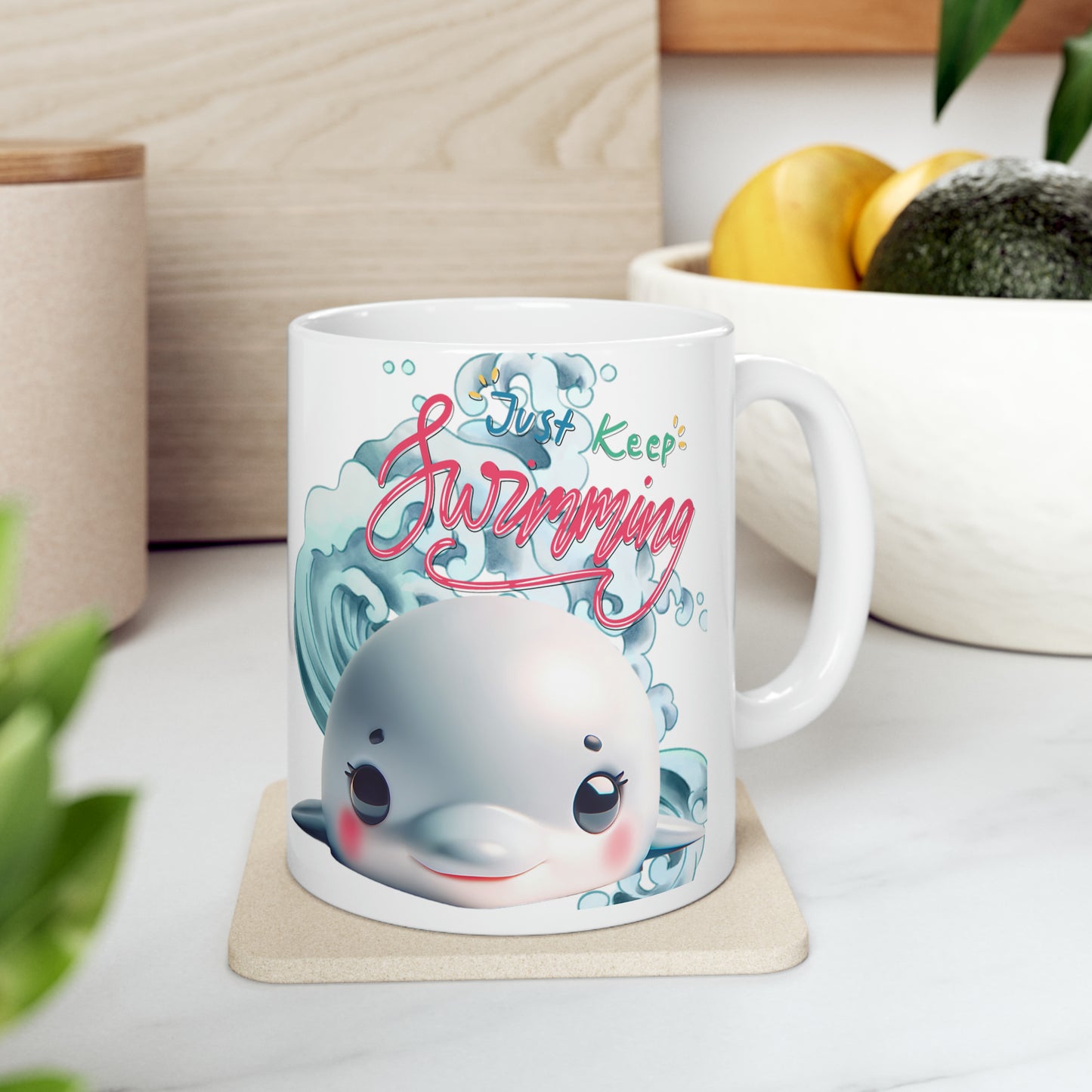 Whale Coffee Mug | Motivational Ceramic Mug 11oz | Beach Gift For Ocean Lovers | Inspirational Gifts For Teens | Just Keep Swimming