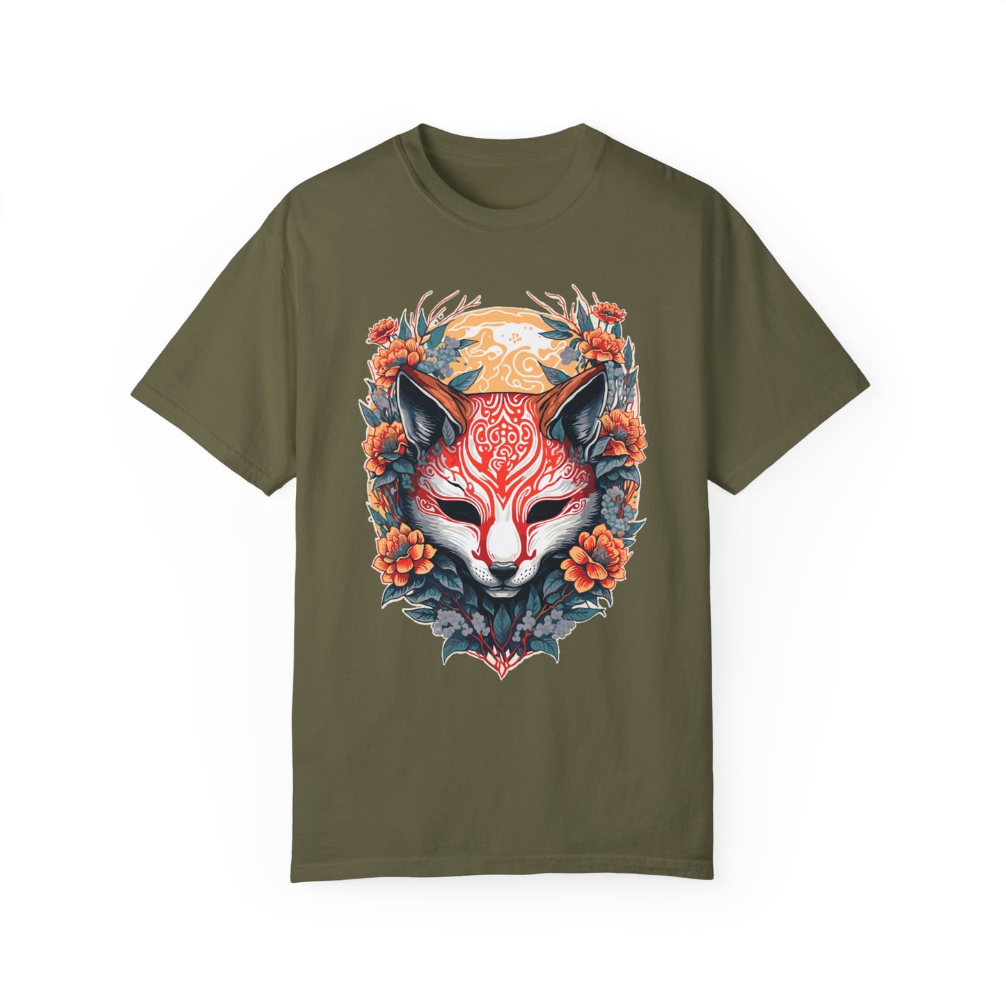 Japanese Kitsune Mask Comfort Colors Tshirt | Mens T-Shirt Graphic Tees Men Shirt Casual | Comfy Loose Fit Summer Clothes | Cotton Street Wear Clothing College Fashion