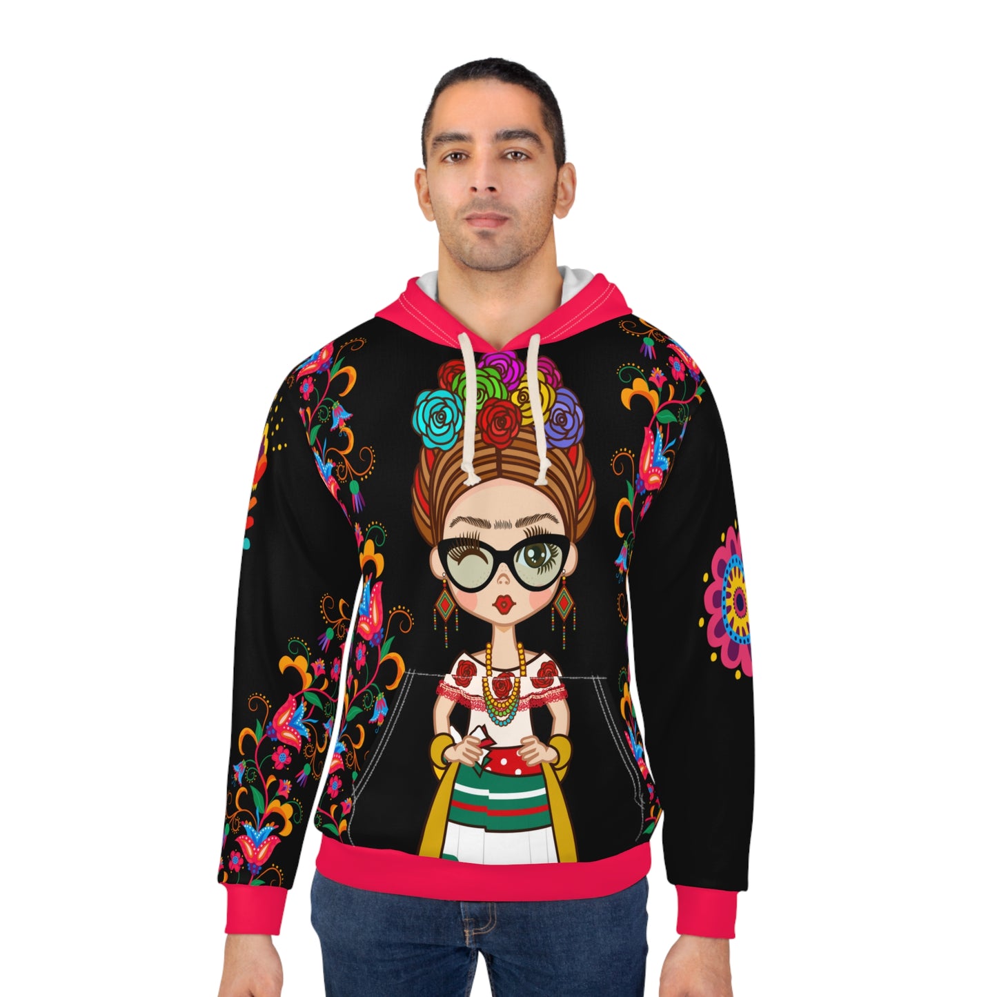 Frida Hoodie, Unisex Pullover Hoodie, Mexican All Over Print Hoodie, Aesthetic Gift For Her,Cute Hooded Sweatshirt
