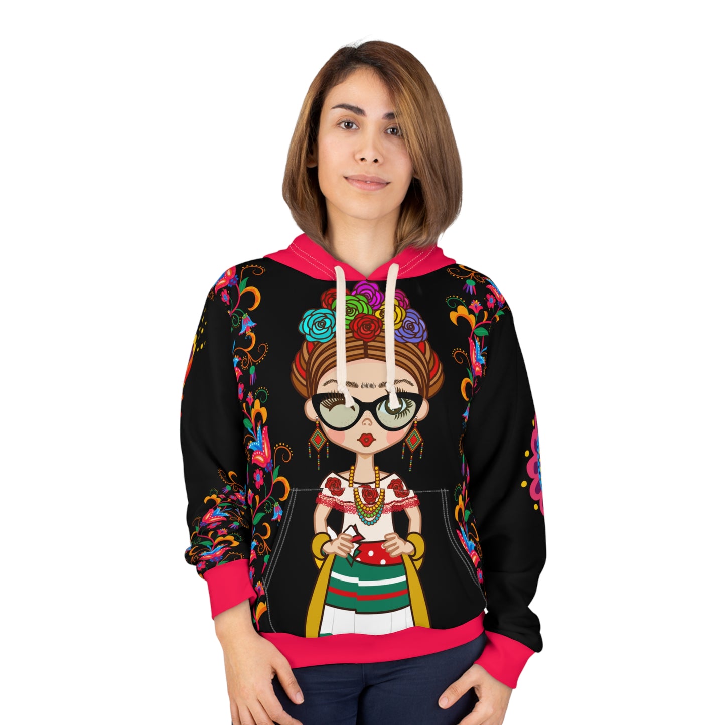 Frida Hoodie, Unisex Pullover Hoodie, Mexican All Over Print Hoodie, Aesthetic Gift For Her,Cute Hooded Sweatshirt