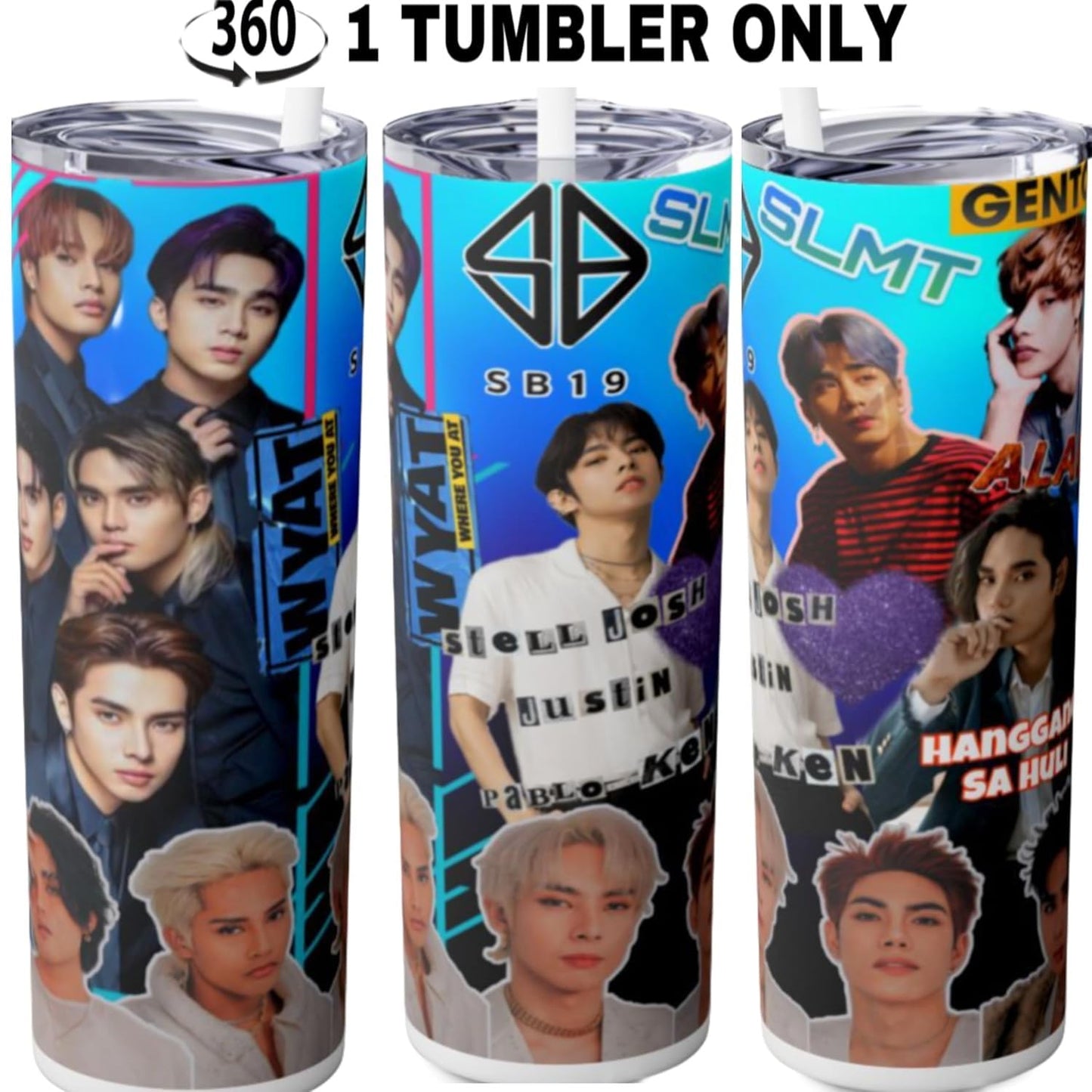 SB19 tumbler featuring colorful design, stainless steel, perfect for hot and cold drinks, ideal gift for teens.