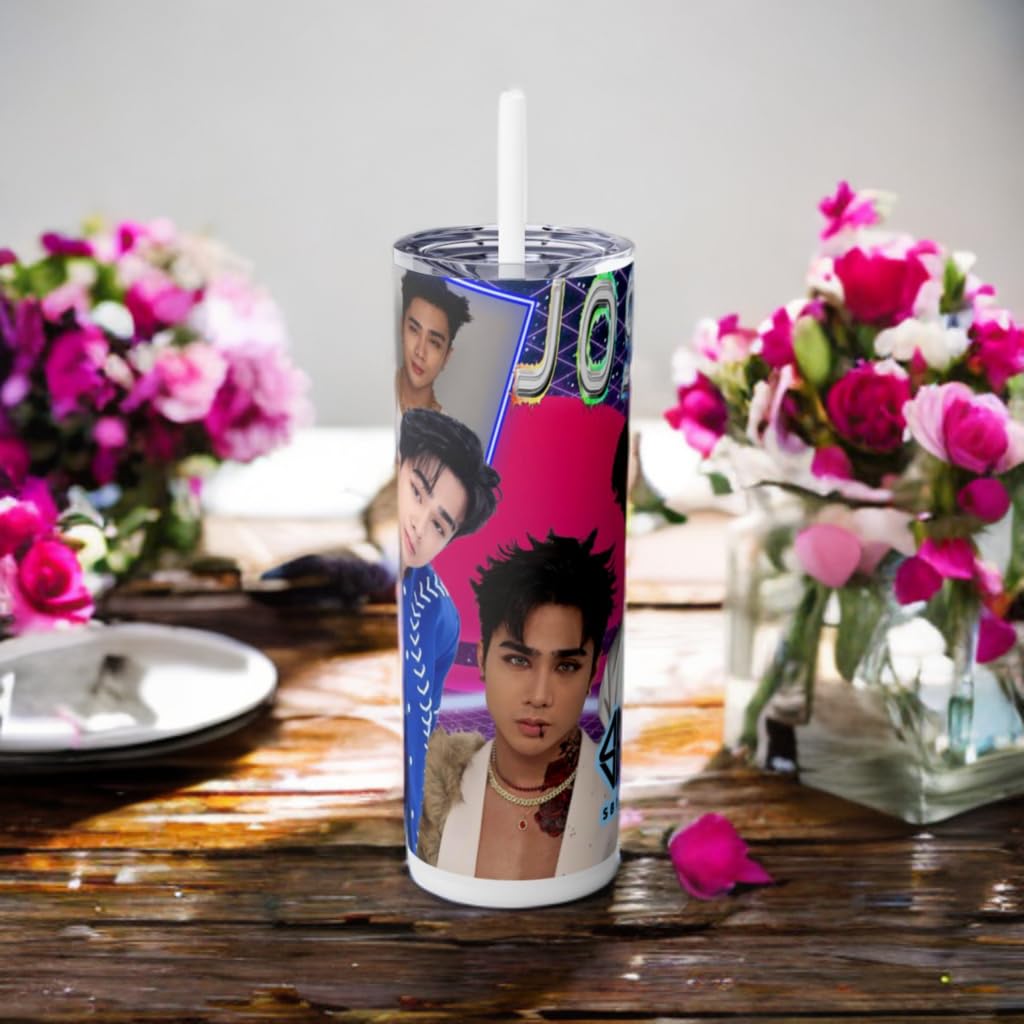 P-Pop Sb19 Josh tumbler, 20 oz stainless steel drinkware with straw, floral background, perfect gift for teens.