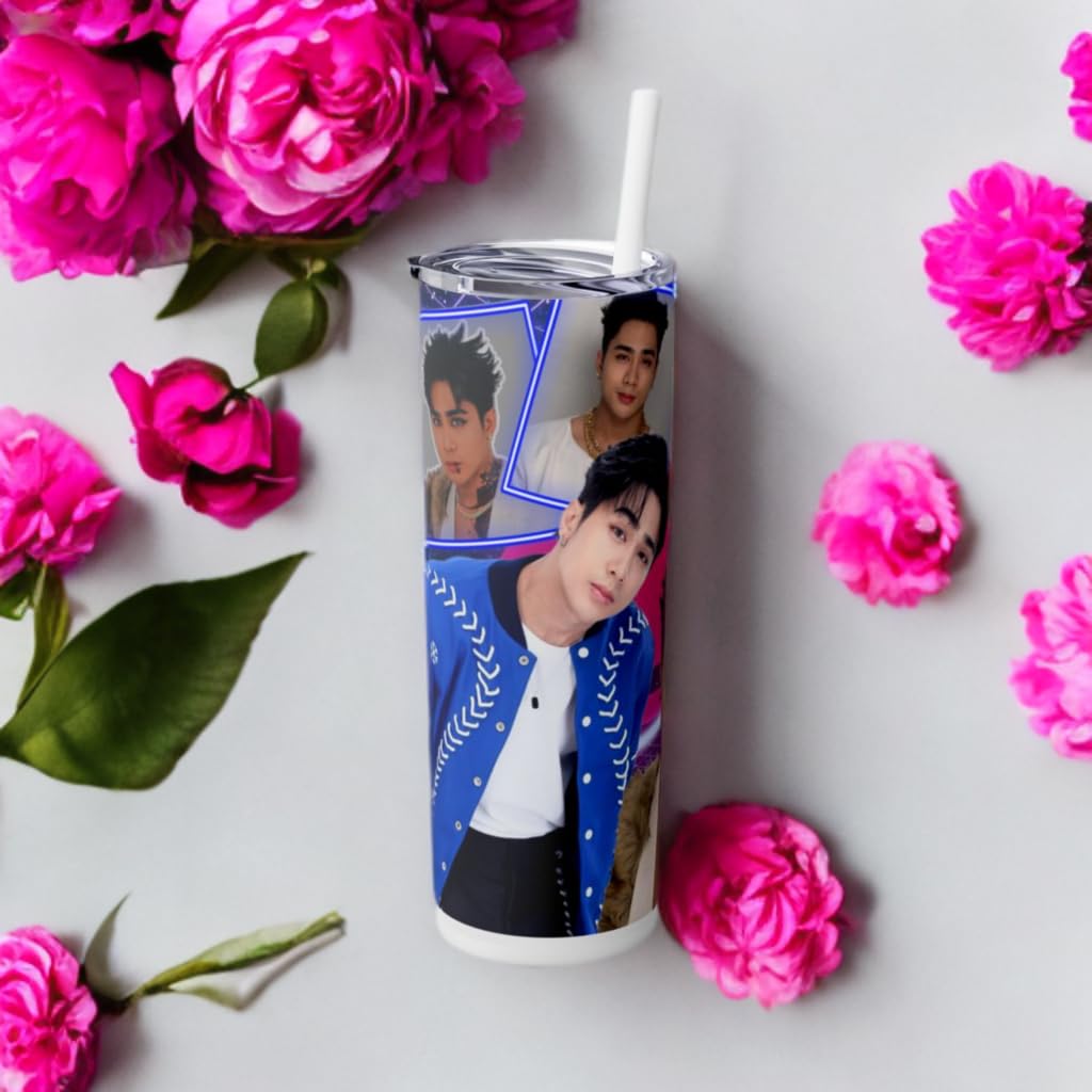 P-Pop Sb19 Josh Tumbler 20 oz with straw, stylish stainless steel drinkware surrounded by pink flowers.