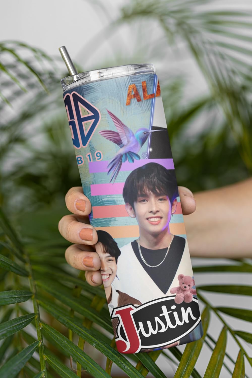 P-Pop SB19 Justin tumbler 20 oz with colorful design, perfect for hot or cold drinks and Filipino teen gifts.