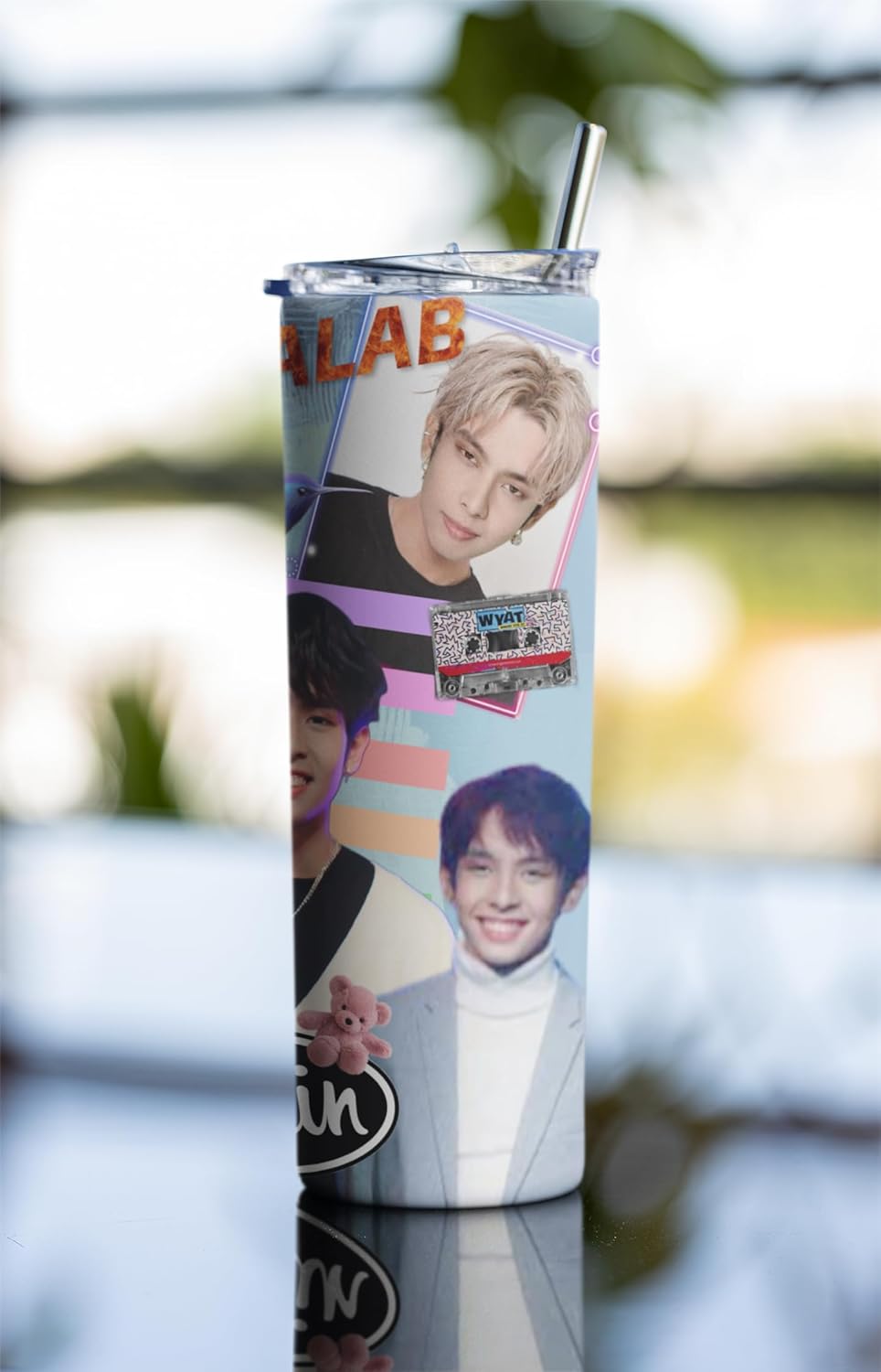 P-Pop SB19 Justin tumbler, 20 oz stainless steel drinkware with straw and lid, stylish Filipino gift for teens.