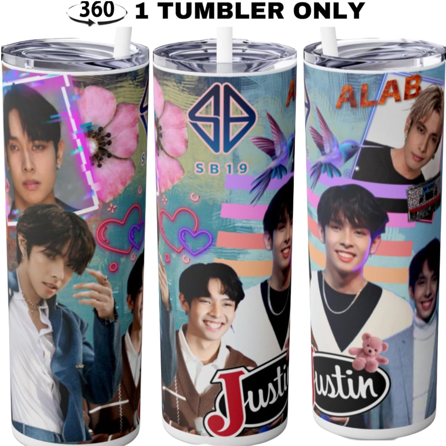 P-Pop Sb19 Justin tumbler, 20 oz stainless steel drinkware featuring vibrant designs for hot and cold drinks, perfect Filipino gift for teens.