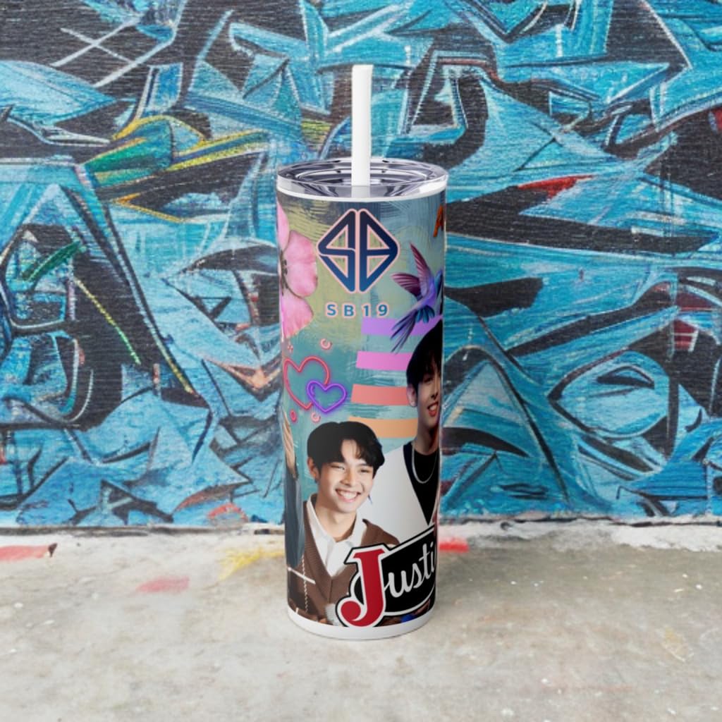 SB19 Justin tumbler, 20 oz stainless steel drinkware featuring vibrant design, ideal for hot or cold beverages.