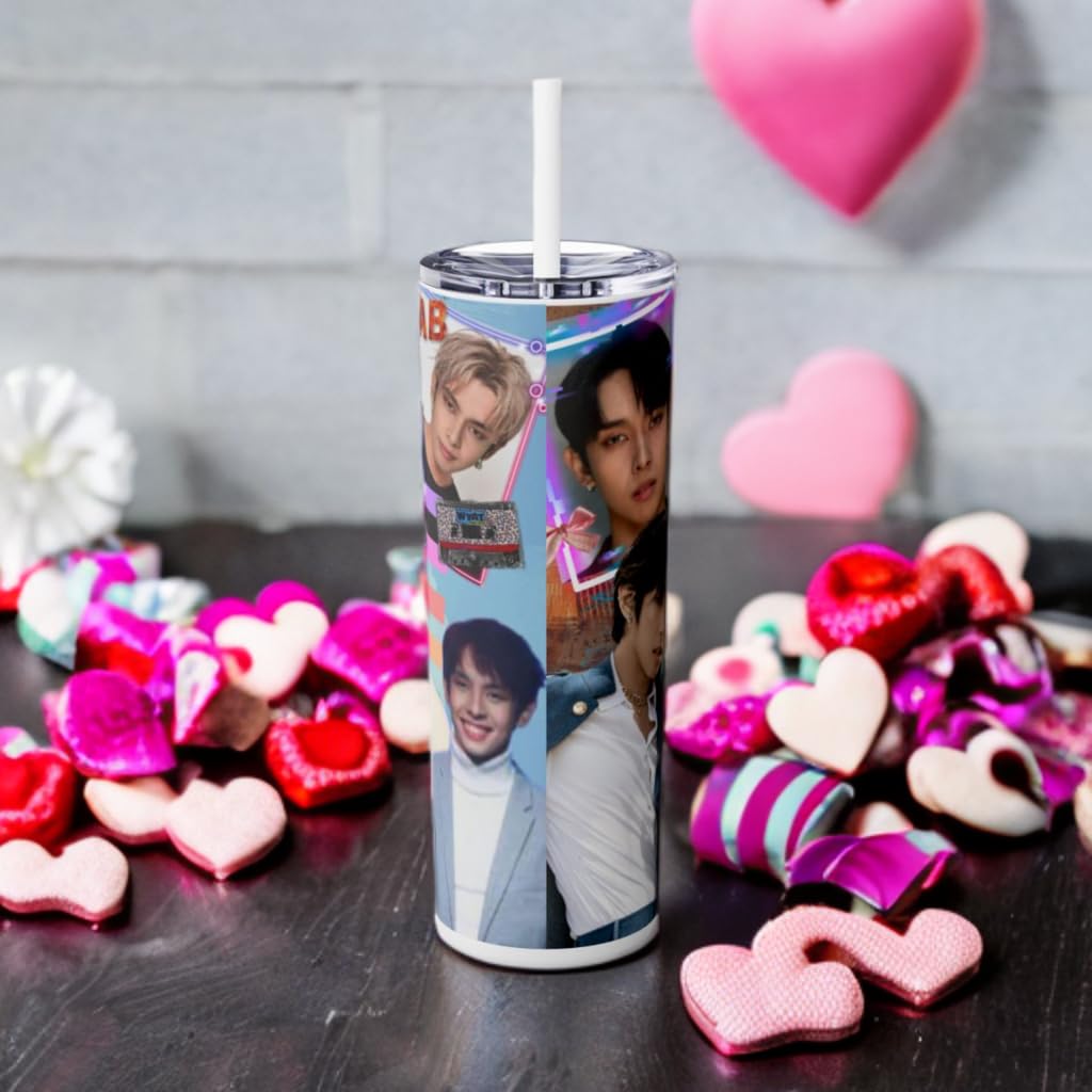 P-Pop Sb19 Justin 20 oz tumbler with straw, colorful design surrounded by candy hearts, perfect for Filipino teens.