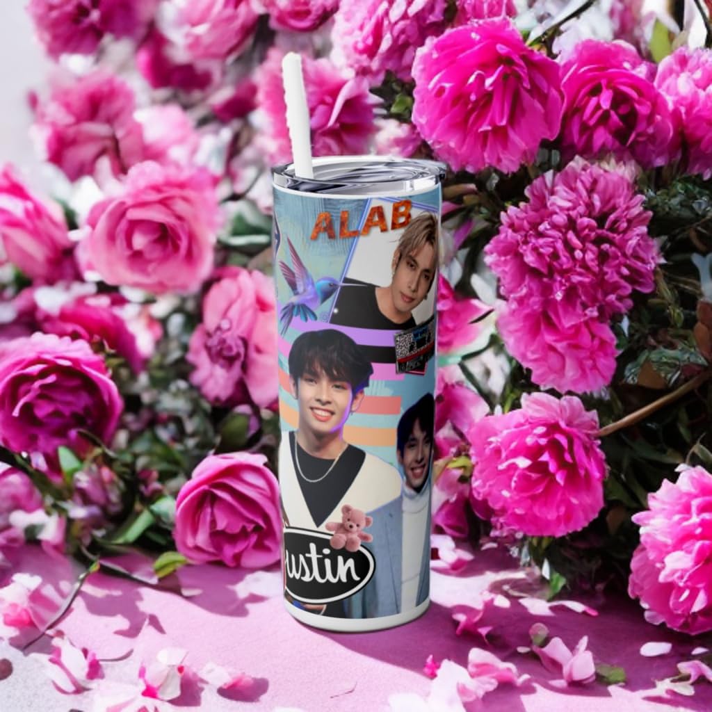 P-Pop Sb19 Justin Tumbler surrounded by pink flowers, perfect Filipino gift for teens, sleek stainless steel drinkware.