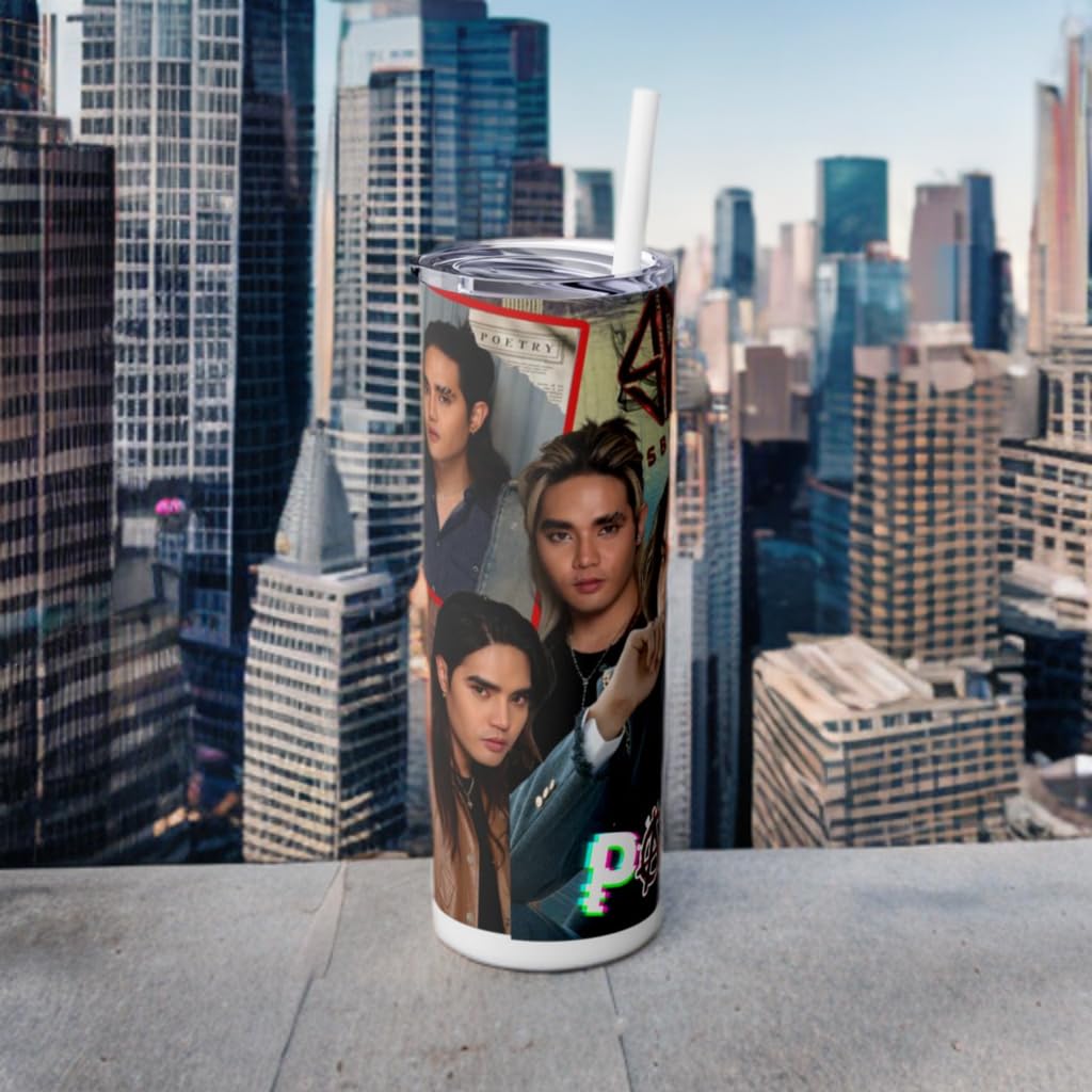 P-Pop Sb19 Pablo 20 oz tumbler on city skyline, stainless steel drinkware for hot cold drinks, perfect Filipino gift for teens.