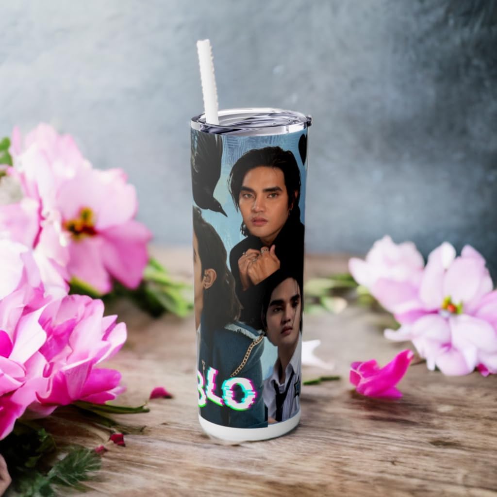 Stylish P-Pop Sb19 Pablo tumbler with straw, surrounded by pink flowers, perfect for Filipino teens.