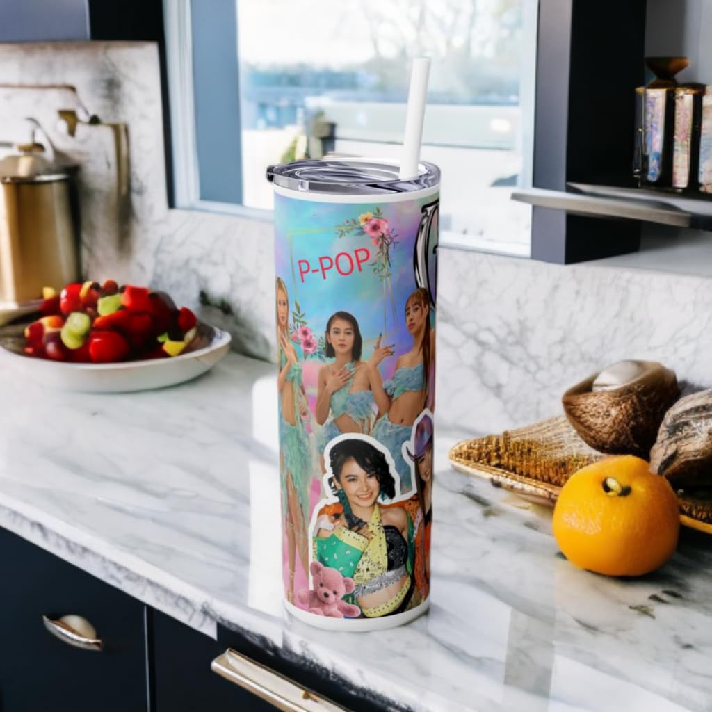P-Pop G22 Tumbler 20 oz with straw, featuring Filipino pop music designs, perfect for hot and cold drinks.