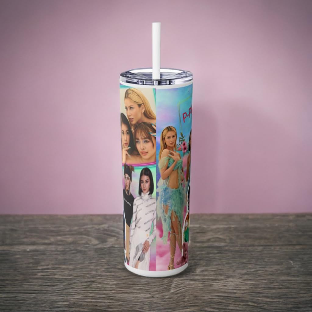 P-Pop G22 20 oz tumbler with vibrant pop music collage, stainless steel drinkware for teens.