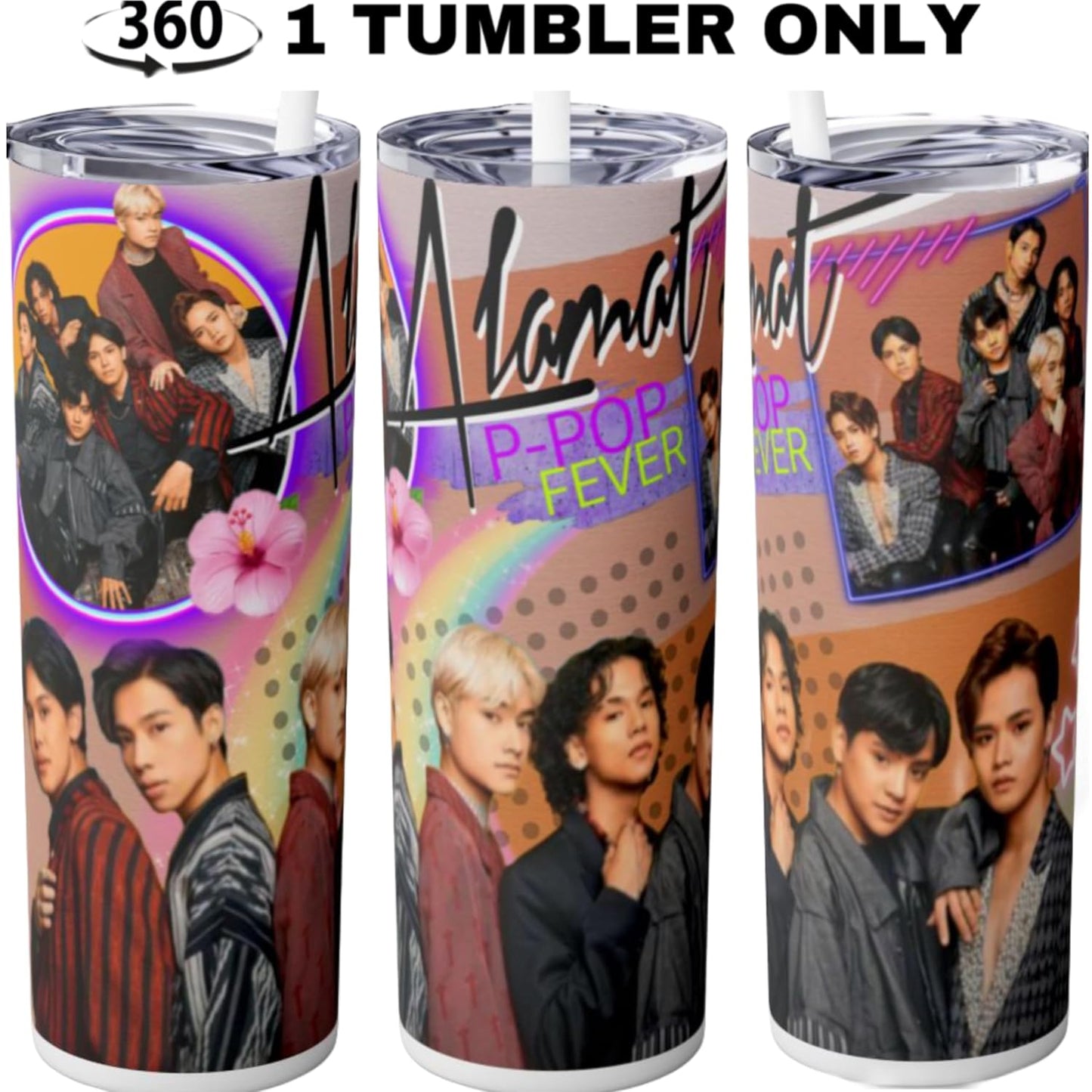 P-Pop Alamat Tumbler 20 oz featuring popular Filipino pop group design, ideal for hot or cold drinks, perfect gift for teens.