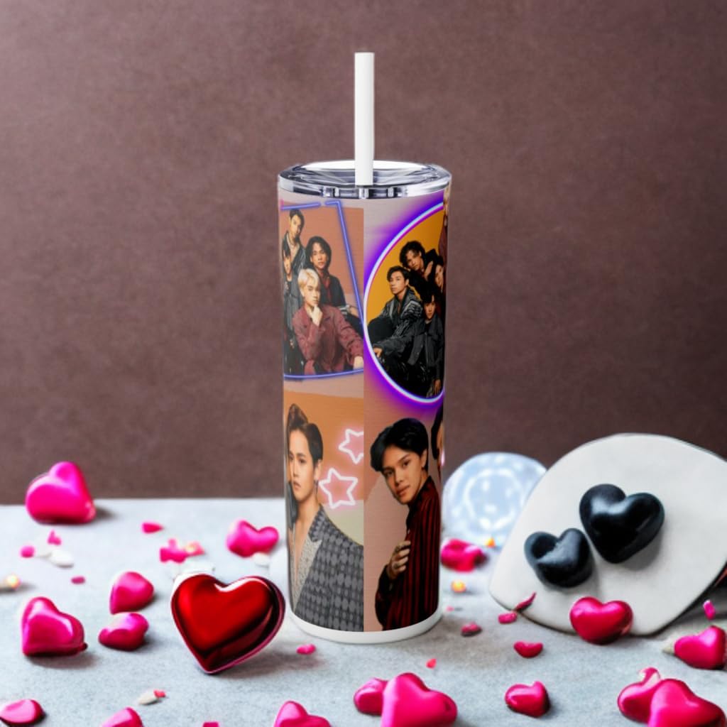 P-Pop Alamat Tumbler 20 oz with straw on a background of colorful hearts, perfect for Filipino teens and pop music fans.