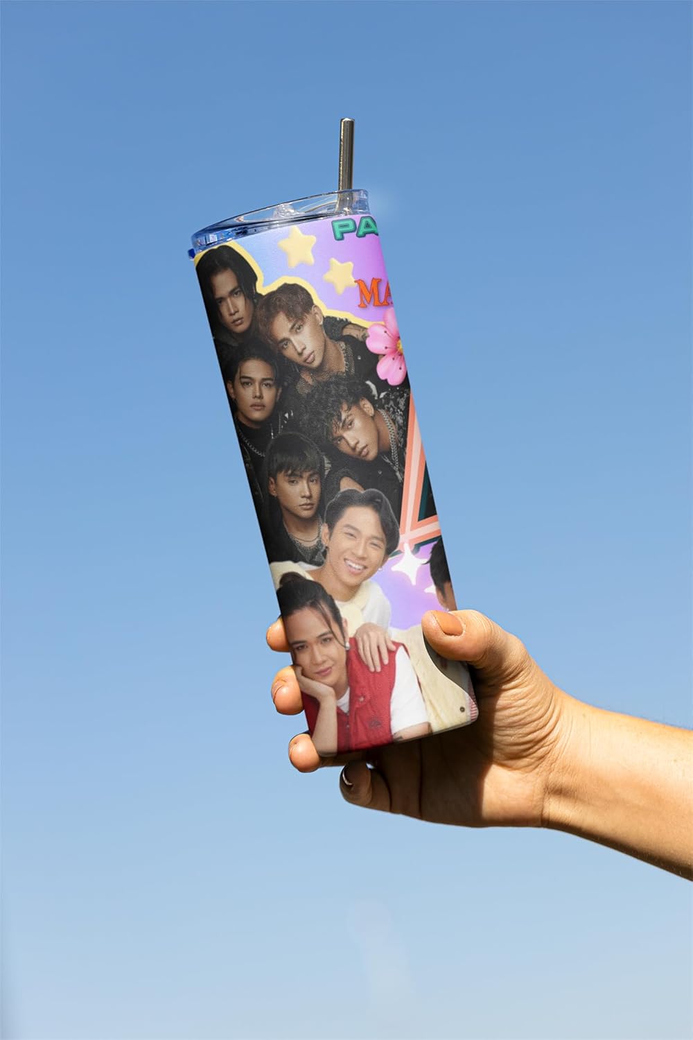 P-Pop Alamat Tumbler 20 oz featuring Filipino pop music design, perfect for hot or cold drinks with reusable straw.