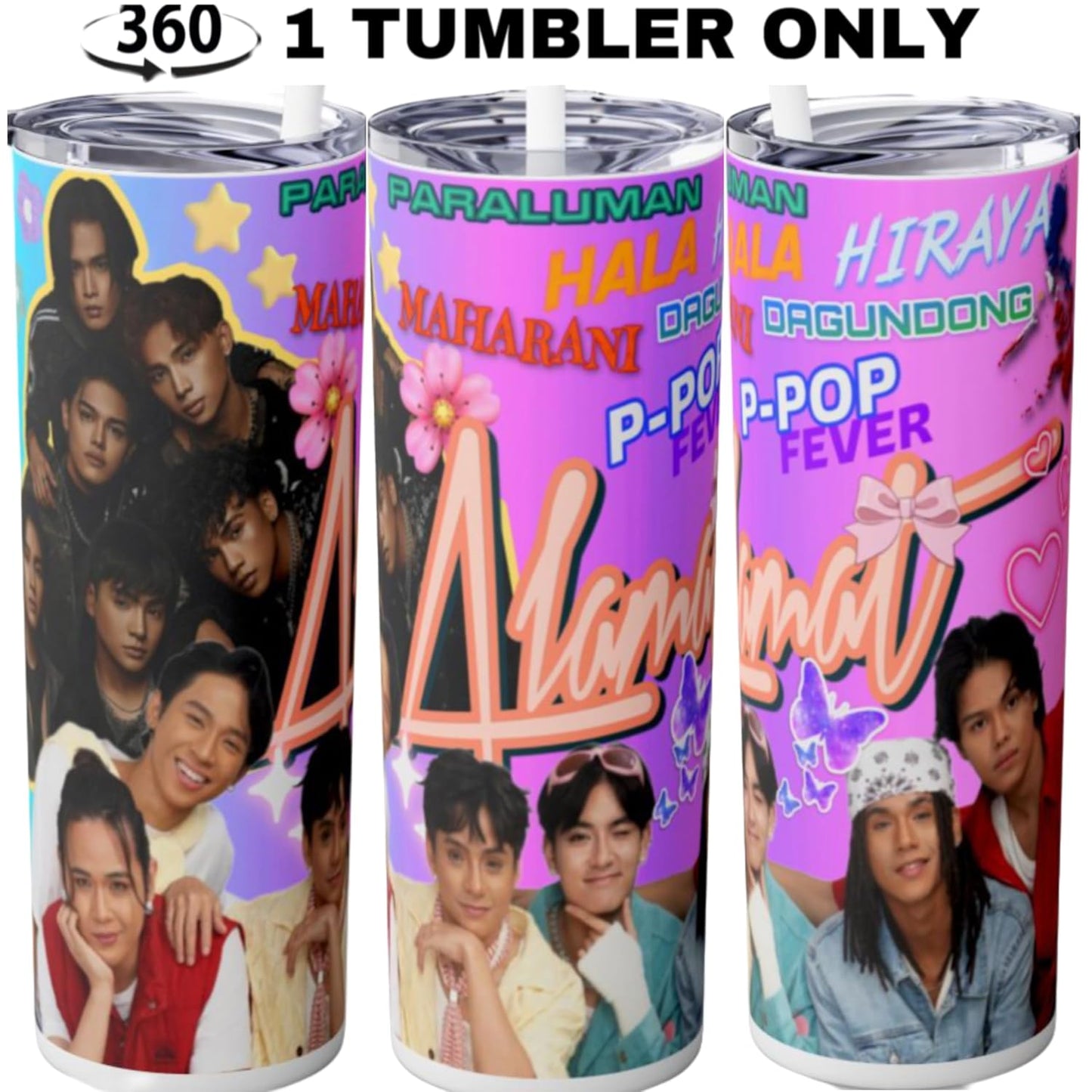 P-Pop Alamat Tumbler featuring colorful design, 20 oz stainless steel drinkware with straw and lid for hot or cold beverages.